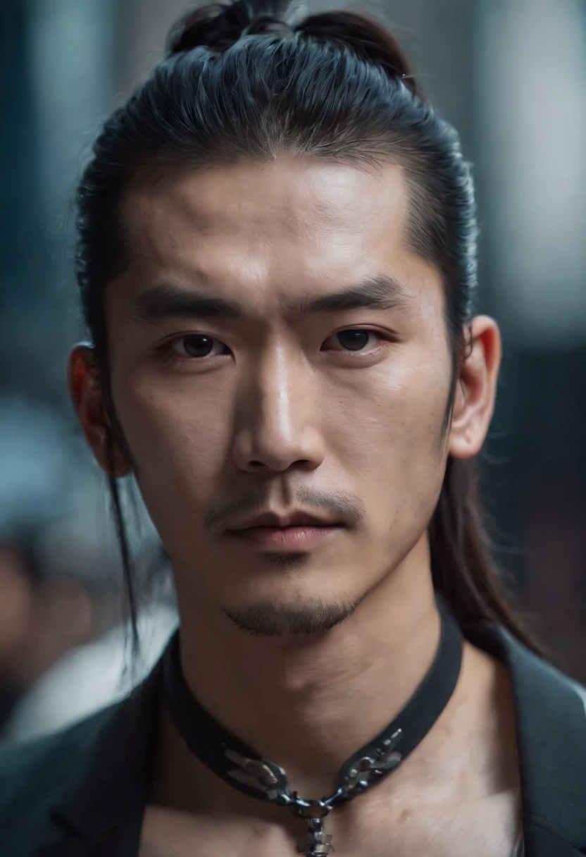 Asian men have long hair and half a ponytail,Wearing a Chinese cyberpunk fashion suit,Single eyelid with tattoo on chest,The eyes are fierce