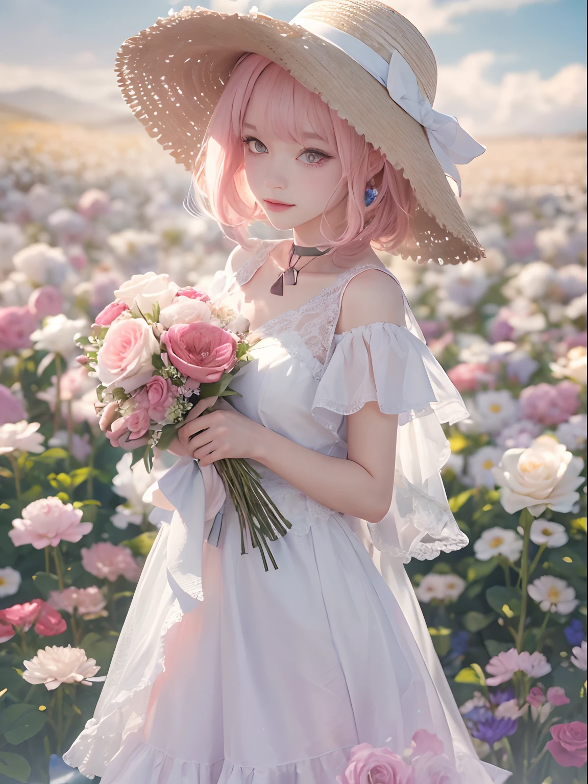 ((Masterpiece, Best quality)), 1girll, flower, Solo, dress, Holding, sky, Cloud, Hat, Outdoors, bangs, Bouquet, Rose, Expressionless, Blush, Pink hair, flower  field, Red flower, Pink eyes, White dress, view the viewer, medium haired, holding flower, Small breasts, Red rose, holding flower bouquet, Sun hat, White headwear, Depth of field,full bodyesbian，White stockings