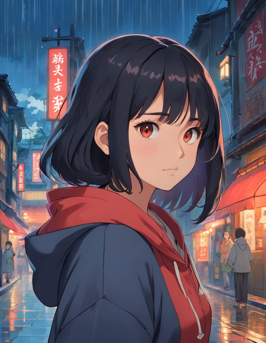 one young woman,Asian people,Black color hair,with brown eye,Wear a hoodie with a red dragon pattern, On the streets soaked with rain at night