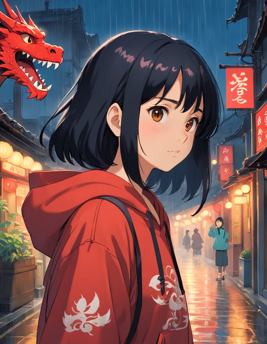 one young woman,Asian people,Black color hair,with brown eye,Wear a hoodie with a red dragon pattern, On the streets soaked with rain at night