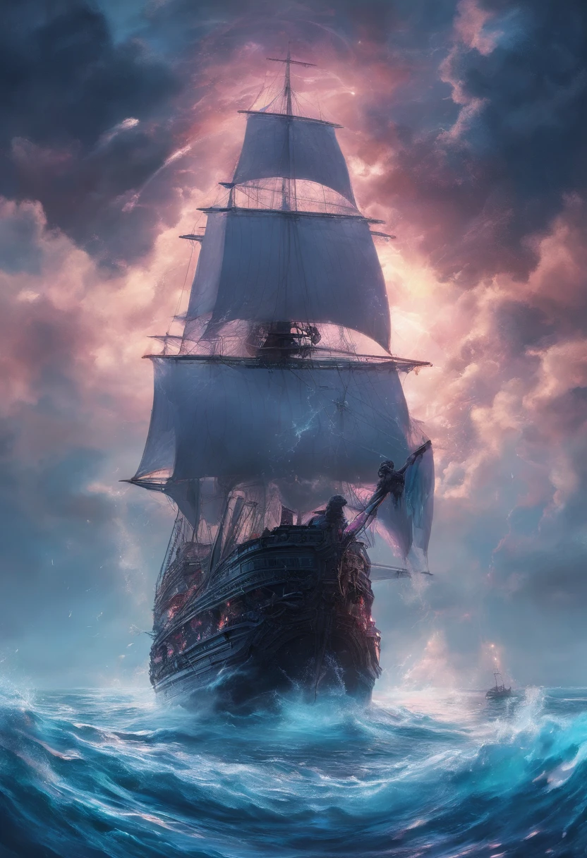 ,walking on the water,See a large alien creature,(Translucent water sprite,It grows a pair of wings),Fly out of the sea,Splashes,Ambient blue lighting, There are plants, Rich in color,Lighting effects,film effect,tmasterpiece,The sky comes in many colors
