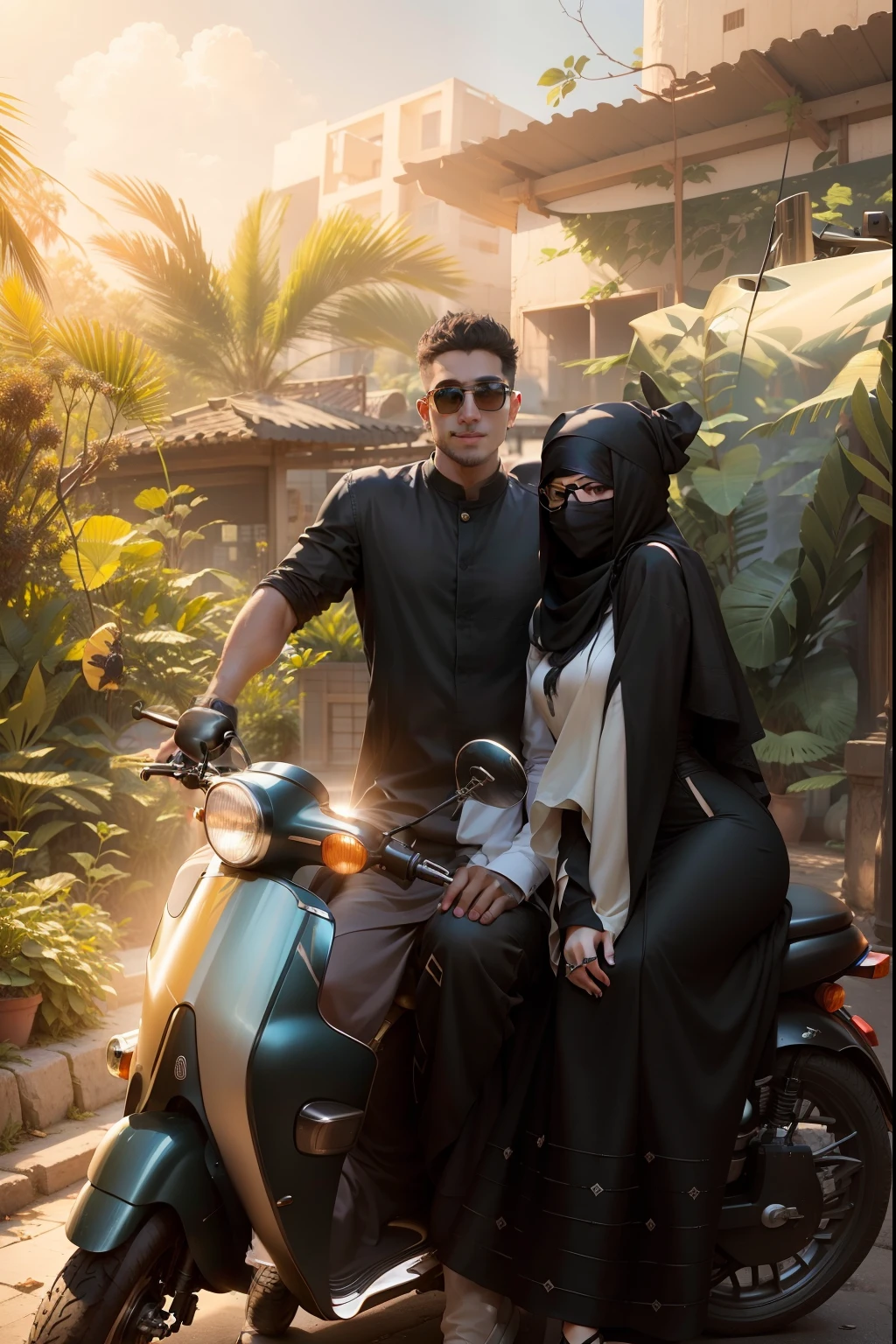 A cute girl wearing black Arabic dress sitting in a scooty, A boy standing by side wearing a sunglass, smiling and shining face, realistic face,anime, 8k