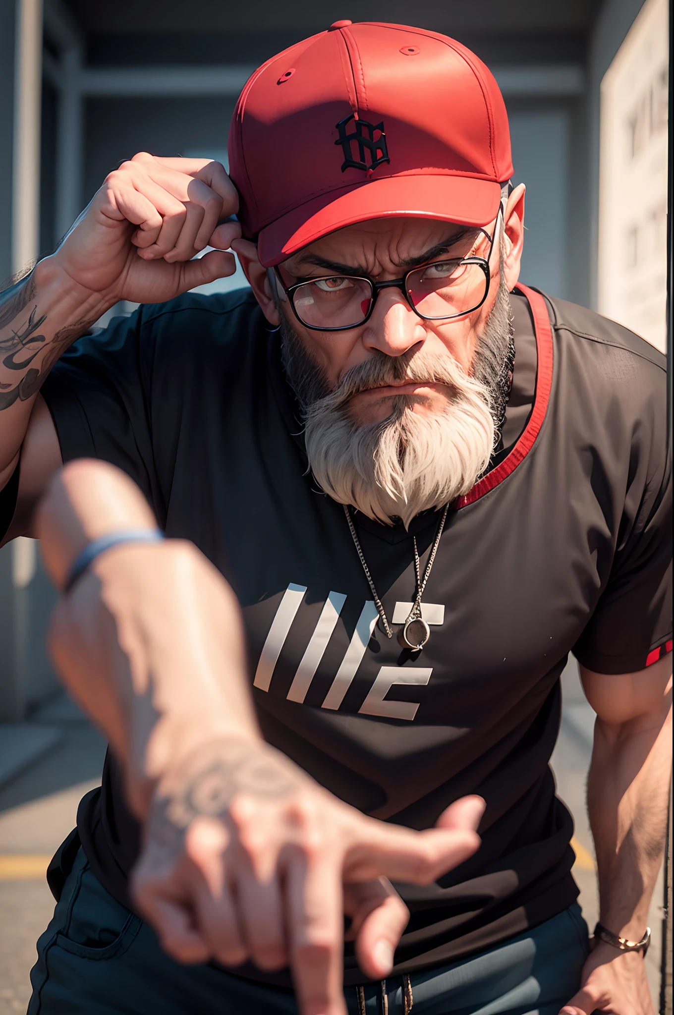 hiphop night broken street middle-aged man baseball cap long beard red glasses staring straight at the screen angry expression