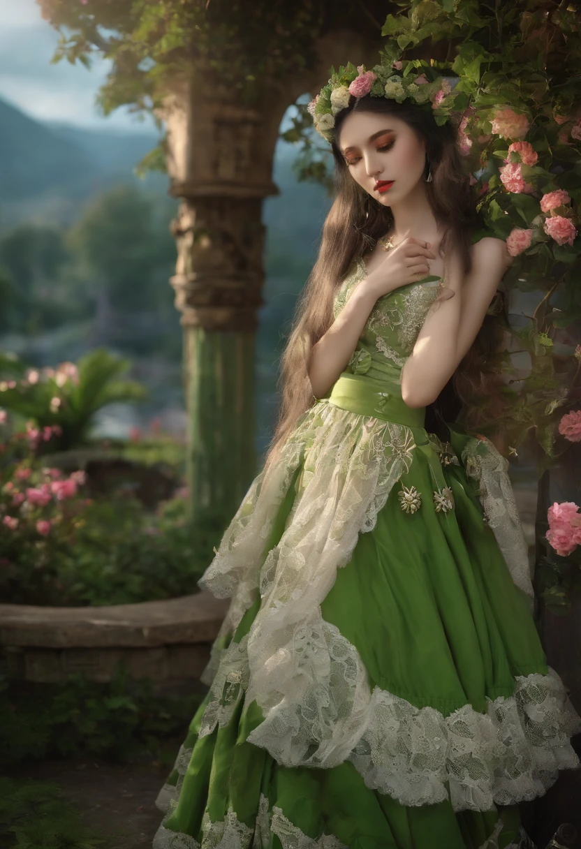 Flower Elves,green long hair,Oriental flair,ta skirt,Lace shoes