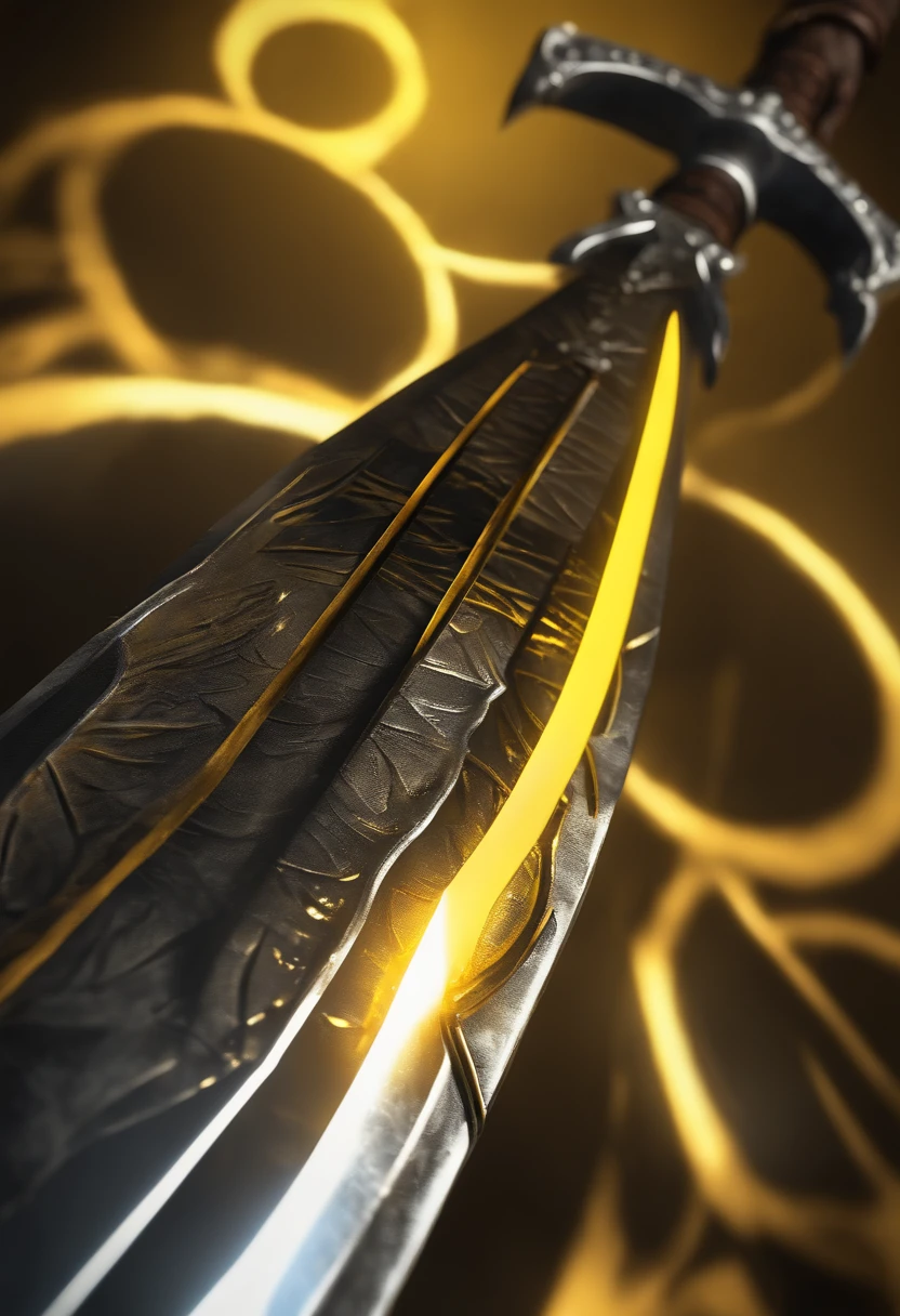 there is a pike with a yellow and black design on it, glowing yellow soul blade, glowing pike, style of pike blade, raytraced blade, glaive, shinning pike, intricate fantasy spear, war blade weapon, medievil spear, magical pike, realistic pike