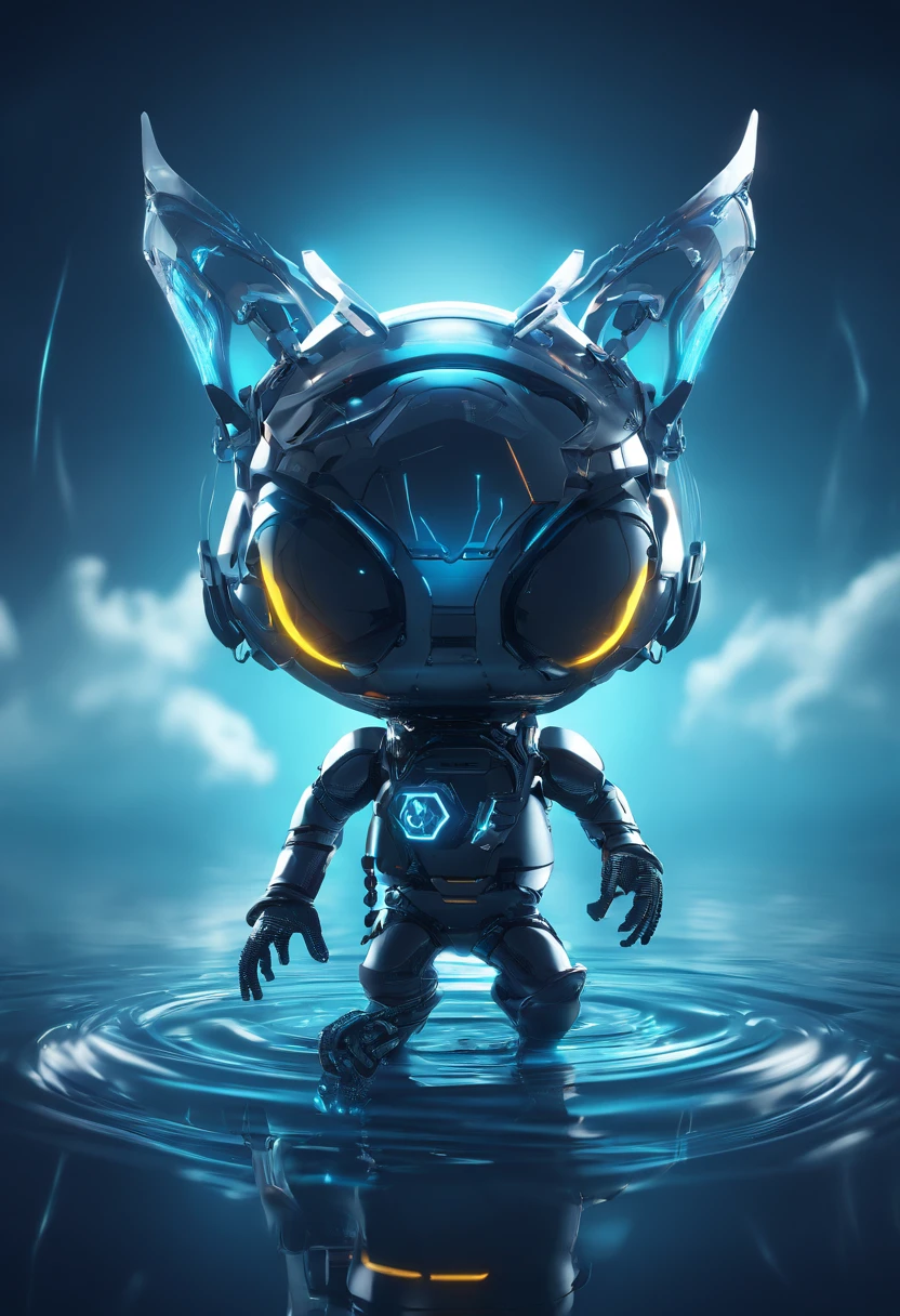 ，walking on the water，See a large alien creature，（Translucent water sprite，It grows a pair of wings），Fly out of the sea，Splashes，Ambient blue lighting, There are plants, Rich in color，Lighting effects，film effect，tmasterpiece,The sky comes in many colors
