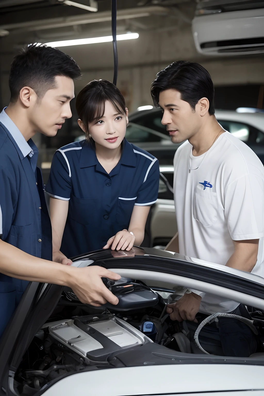 At a car repair shop、A male repair staff explaining the repair points of the car to the family of the owner of the car。
