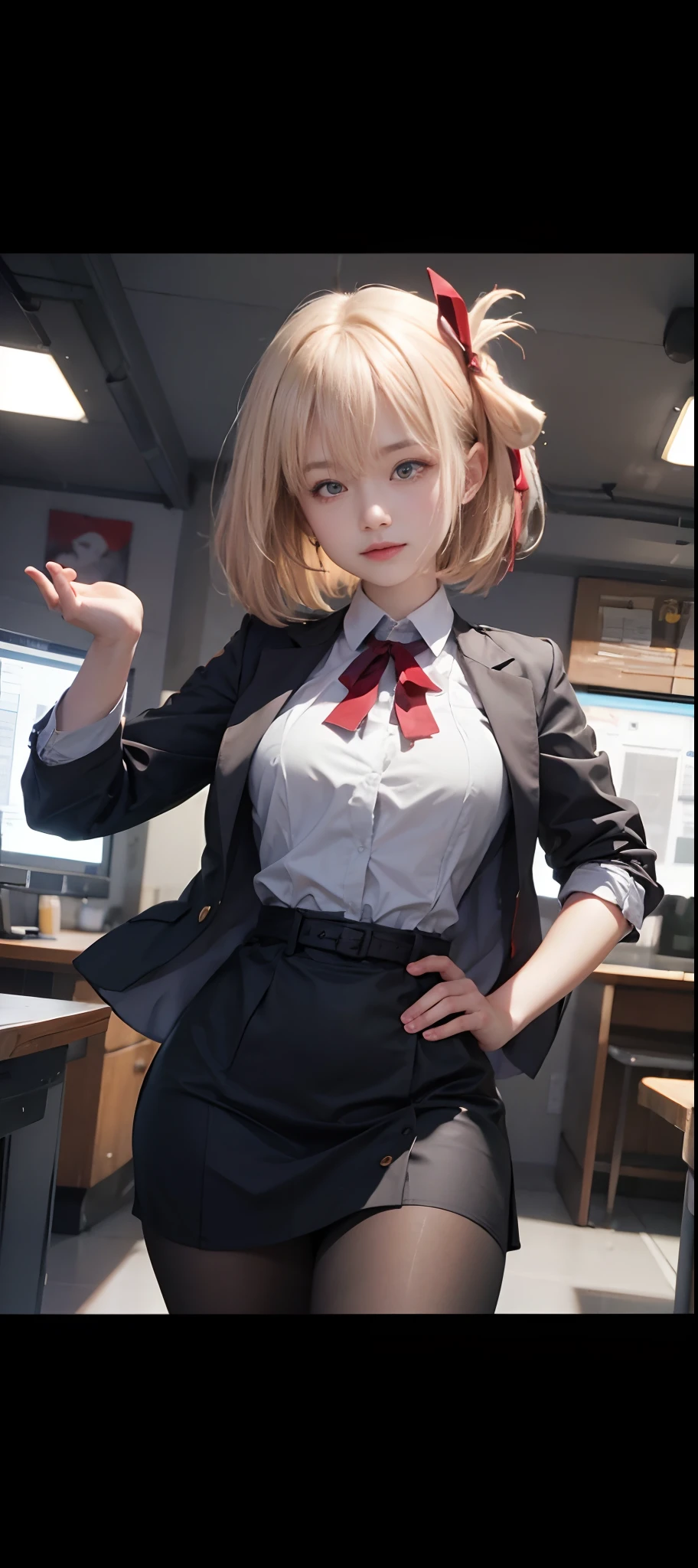 1 girl, (()), chisatonishikigi, nishikigi chisato, short hair, bangs, blonde hair, white hair, Very straight hair, (red eyes:1.5), hair ribbon, one side up, bob cut, BREAK shirt, long sleeves, dress, ribbon, white shirt, collared shirt, belt, neck ribbon, red dress, blue ribbon, pleated dress, grey dress, two-tone dress, red belt, lycoris uniform,, BREAK outdoors, city, BREAK looking at viewer, BREAK (masterpiece:1.2), best quality, high resolution, unity 8k wallpaper, (illustration:0.8), (beautiful detailed eyes:1.6), extremely detailed face, perfect lighting, extremely detailed CG, (perfect hands, perfect anatomy), ((Small breats)), Smile thin, (From Above),