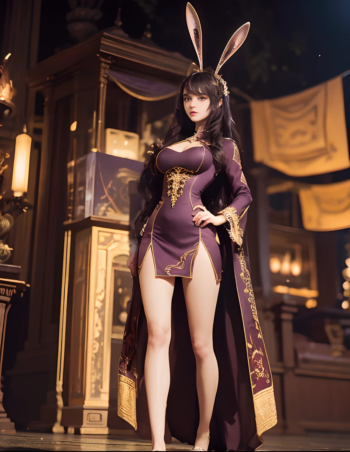 full body,1girl,rabbit ears,long dress,long hair, hair ornament,black background,characters are full of composition, ((perfect female body)), solo,(immersive atmosphere, chiaroscuro:1.5,bright light:1.2,luminous lighting) ,,(blush:0.5),seductive expression, purple eyes,thick thighs,large breasts, beautifully detailed background,depth of field,realistic:1.3, long shot