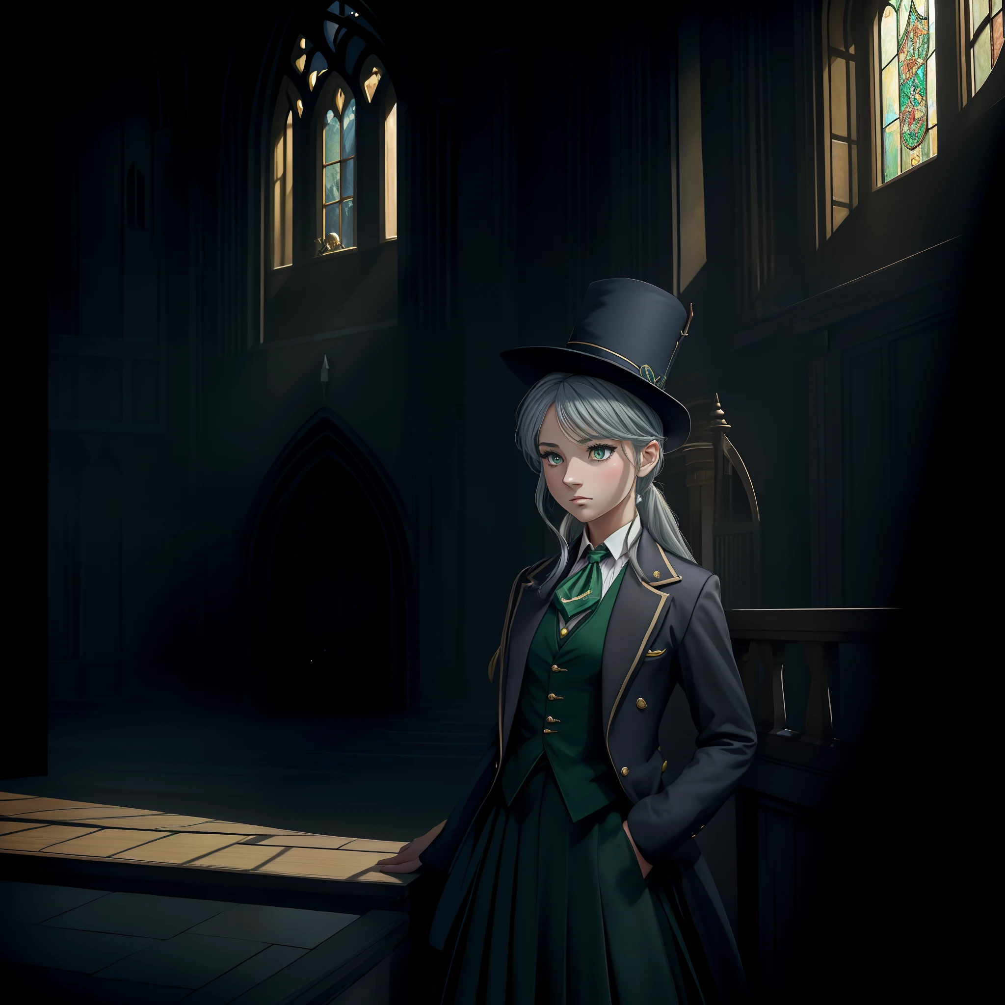 (hight resolution, Best Quality:1.2), brilliance, soft contour, a beautiful painting, Cowboy Shot, (masutepiece), 1girl in, Beautiful Girl, Hogwarts Background, Background of the magical world, Background inside the mansion, Shadow Window, Hogwarts Background, Black background, hogwarts school uniform, hogsks, Slytherin, Gray hair in a ponytail, Yellow eyes, Angry look, School Dress, Long skirt, Green tie, cool lady