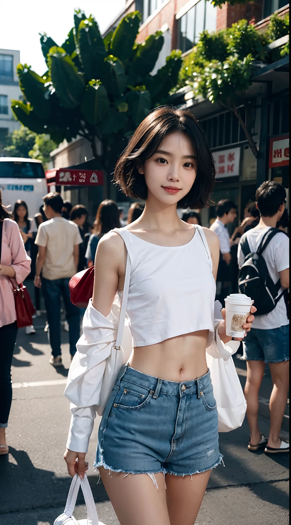 Araffe asian woman walking down a street with a bag and a drink - SeaArt AI