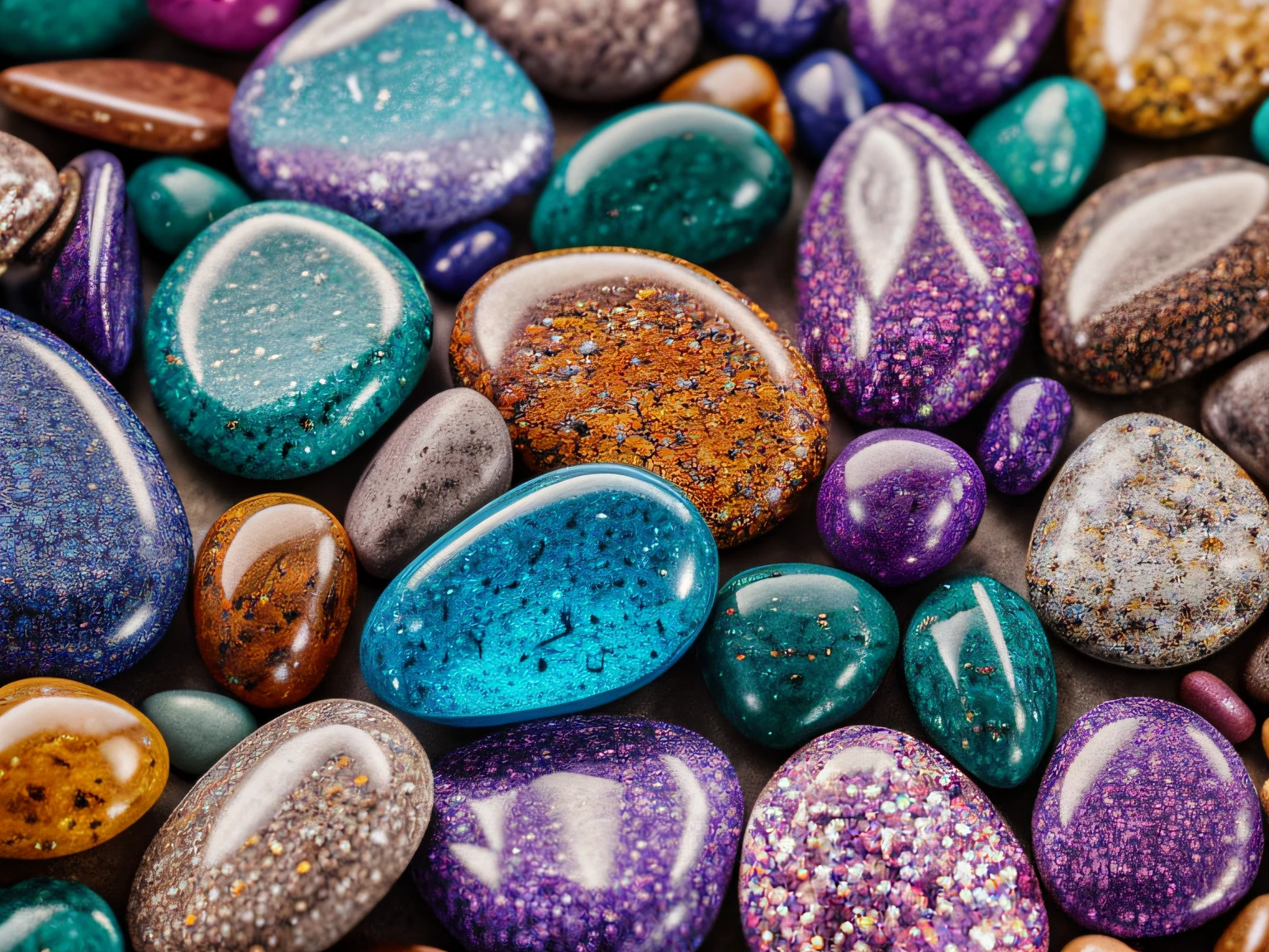 colorful stones, vibrant textured background, vivid colors, high-res masterpiece:1.2, HDR, studio lighting, bokeh, detailed patterns, shining gemstones, abstract art