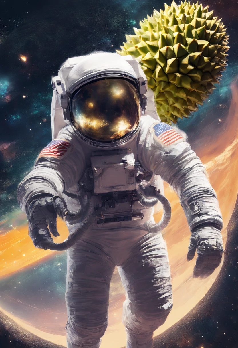 A malaysian astronaut carrying a durian fruit in space,