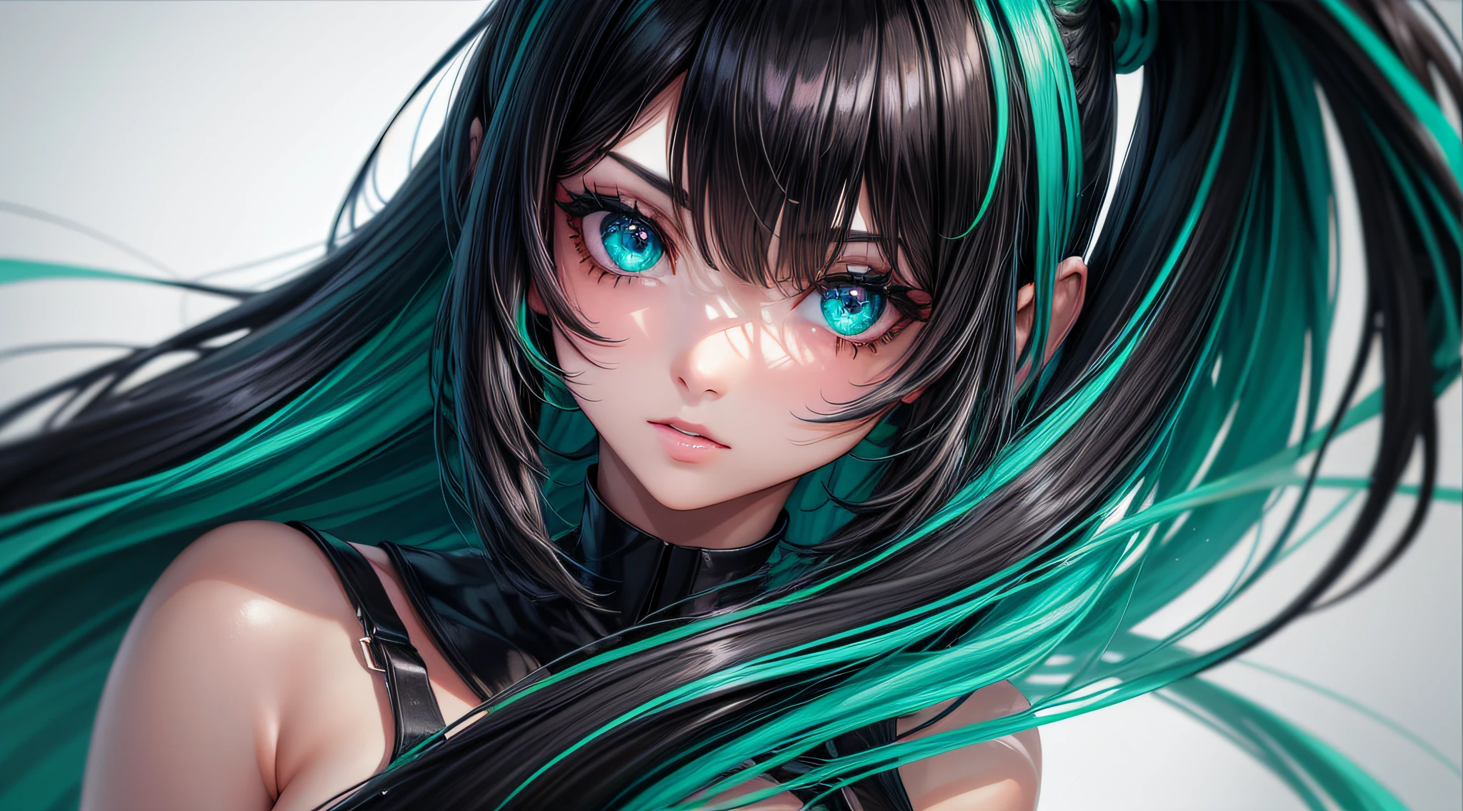 beautiful girl , ((ojos de color negro)), 8k, realista, Ultra detalles, (cabello neon), (Color verde en las puntas del cabello), cabello rizado, cuerpo entero con un vestido. cara enfadada