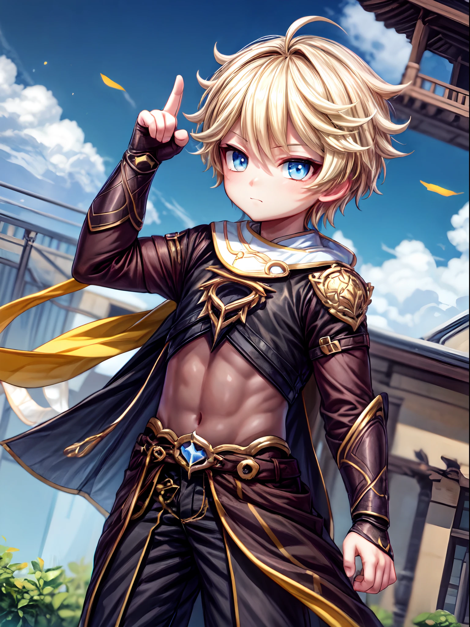 1 boy,more details in eyes,cute,looking at viewer, adorabel boy,cute face,details sky,handsome,young,juvenile,((masterpiece:1.4,best quality)),multiple details,colorful hair,eyeshadow, blonde hair, blue eyes, sfw, abs