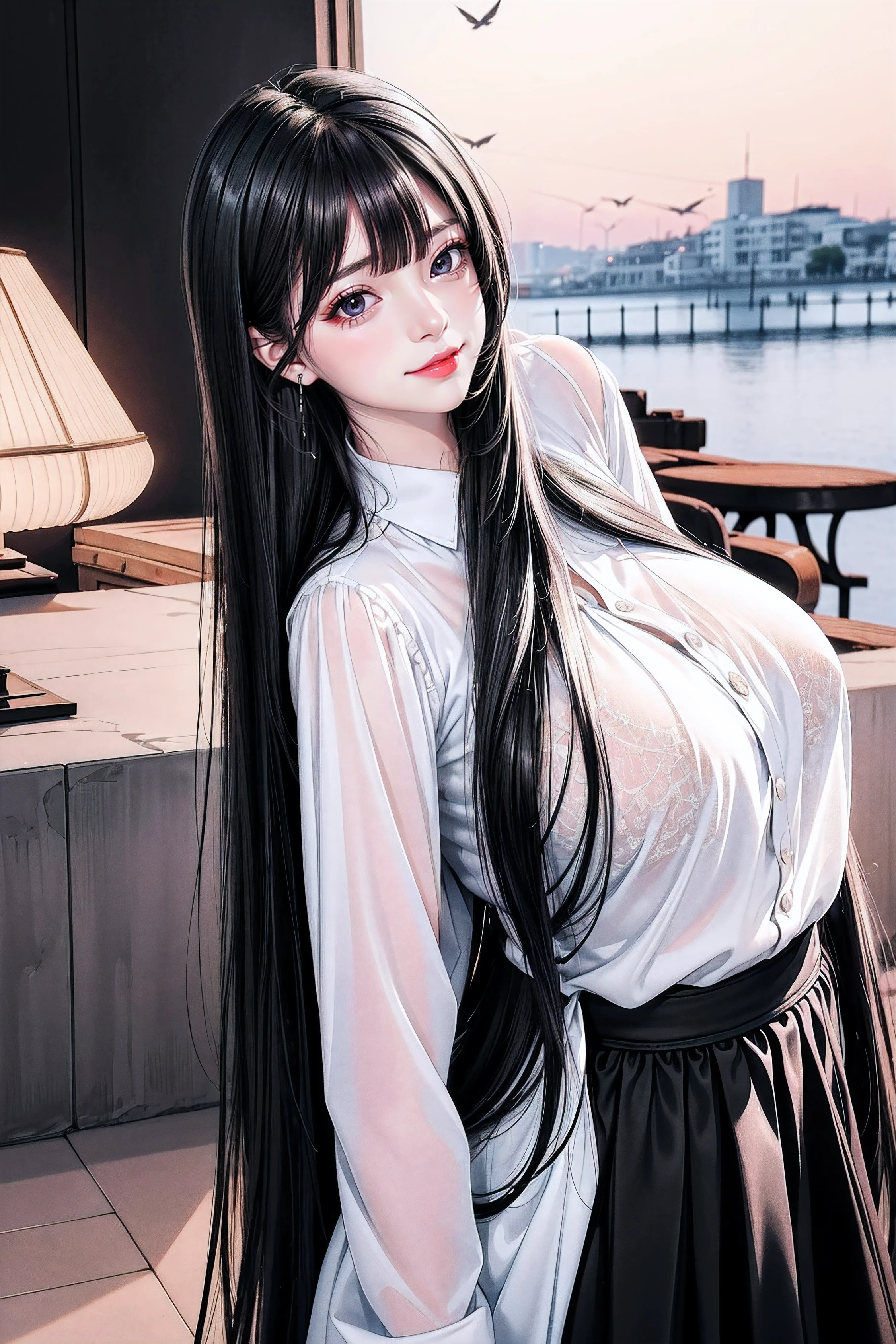 {{(((👅🍑💦)))}},ulzzang -6500-v1.1,(Raw foto:1.2),((Photorealsitic:1.4)),top-quality,masterpiece, illustratio,{(Extremely delicate and beautiful:2.0):2.0}, extremely details CG ,Unity,{(8K Wallpaper:2.0)}, astonishing、finely detail, Official art,the Extremely Detailed CG Unity 8K Wallpapers,absurderes, incredibly absurdness, huge filesize, ultra-detailliert, hight resolution, a beautiful detailed girl, extremely detailed eye and face, beatiful detailed eyes,Facial light,(((😃))),{(thighs thighs thighs thighs)}, {(Full body))}
(((Straight bangs:))),(((Very long black hair, Ridiculously long black hair:1.1))),Long black hair like a stream of water, Lustrous black hair all over the back, Black hair shiny like silk thread, Long black hair shining like jewels, black hair with wet feathers, 1girl in, (blush)+, lightsmile, School uniform, Short sleeves, Narrowed eyes, (upward-eyed)1.1, Backlight, Bokeh, (the see-through white shirt), bowtie, (Huge breasts, Super breasts), plaid skirts, White panties, ,a beauty girl, blush, Seductive smile,Insane details and very detailed, Huge lower eyelid. masutepiece, of the highest quality, Ultra high definition, max resolution, Very detailed, Clean skin,