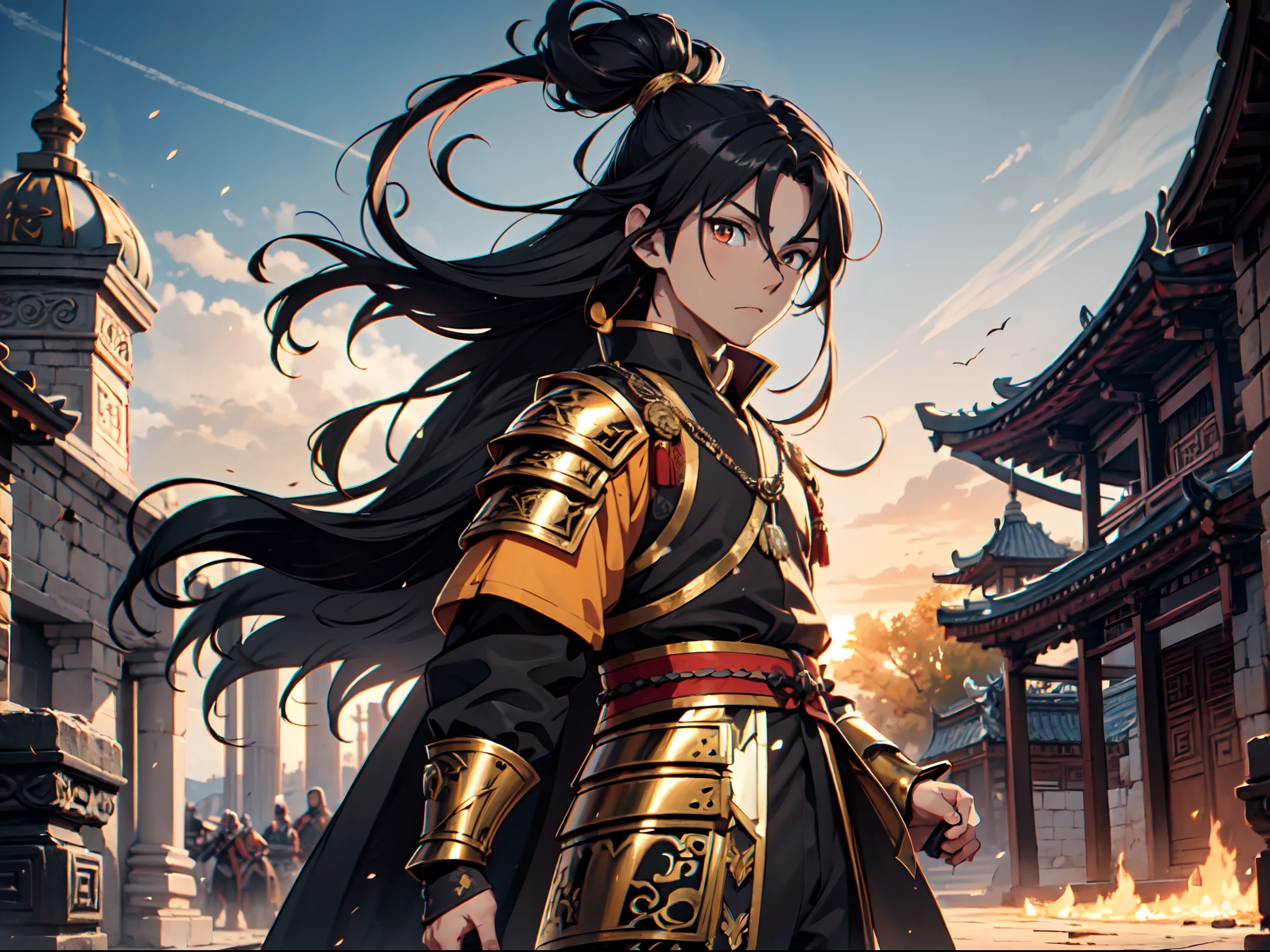 Ultra High Definition, Ultra High Quality, Extremely Detailed, Perfectly Detailed, Masterpiece, 8k, 1 Boy, Look A Like Xin From Kingdom Anime, Handsome, Armored With Chinese Emperor Armor, Black And Orange Pupil Eyes, Black Long Hair Tied, Full Body Shot, Ancient Kingdom Background