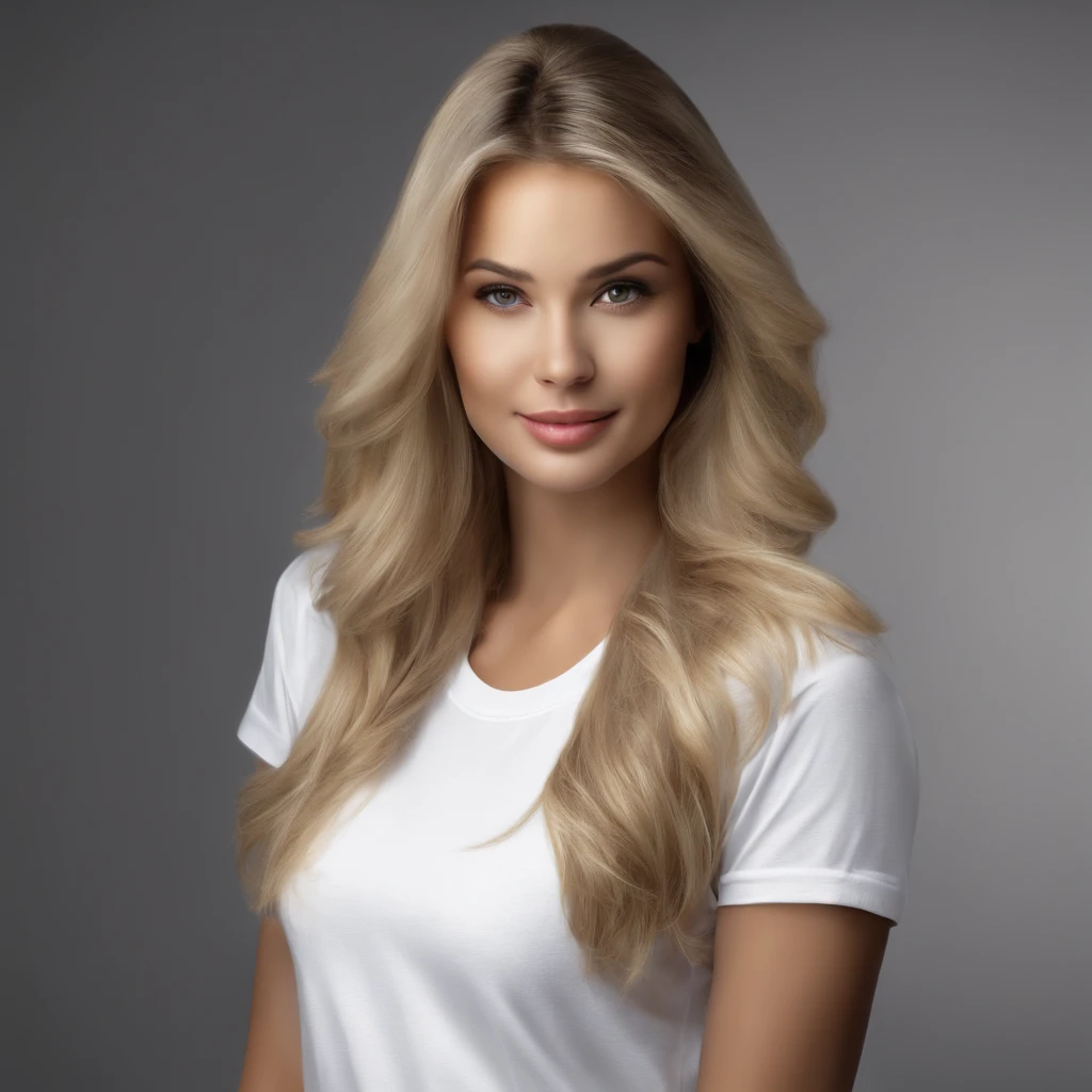 (photo: 1.3) af (realism: 1.4), (((white T-shirt))), (blond lady), super high resolution, (realism: 1.4), 1 girl, female avatar, soft light, Black hair, smile, facial focus, cheerful, young, confident, ((gray background)), (((monochrome background))), high definition, details, slightly looking up, perfect picture, movie quality, ultra high definition, Female avatar, beautiful girl, young and beautiful, exquisite face, elegant and luxurious