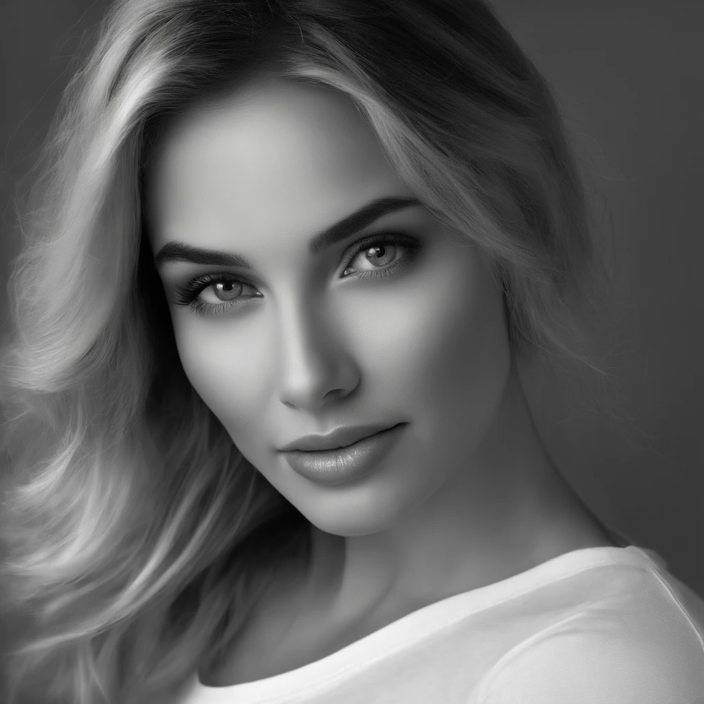 (photo: 1.3) af (realism: 1.4), (((white T-shirt))), (blond lady), super high resolution, (realism: 1.4), 1 girl, female avatar, soft light, Black hair, smile, facial focus, cheerful, young, confident, ((gray background)), (((monochrome background))), high definition, details, slightly looking up, perfect picture, movie quality, ultra high definition, Female avatar, beautiful girl, young and beautiful, exquisite face, elegant and luxurious