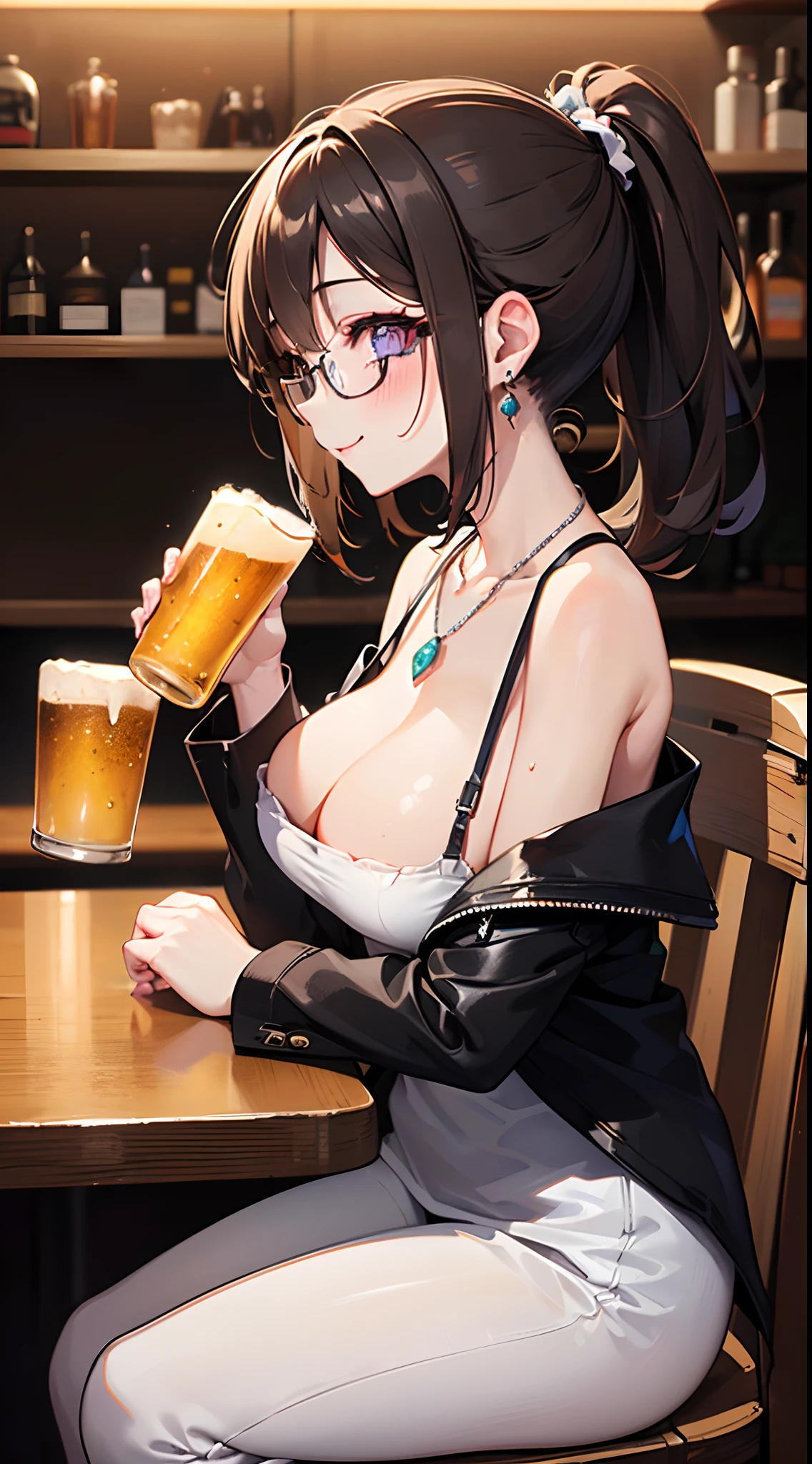 ((masterpiece)), ((best quality)), (ultra-detailed), ((kawaii)), cute, (lovely), ((sexy)), ((extremely detailed)), 4K, (8K), best quality, (beautiful), anime style, upper body, face in profile, focus on the face, bar, ((sitting on chair at bar)), a cute girl, 1girl, solo, suit, beautiful dark brown hair, beautiful purple eyes, glasses , ((beautiful eyes with highlights )), ((drinking)), white-skinned, ponytail, transparent hair, translucent hair, large breast, earrings, necklace, ((bring beer jockey)), beer, ((smile, blush, neon light, reflection effect