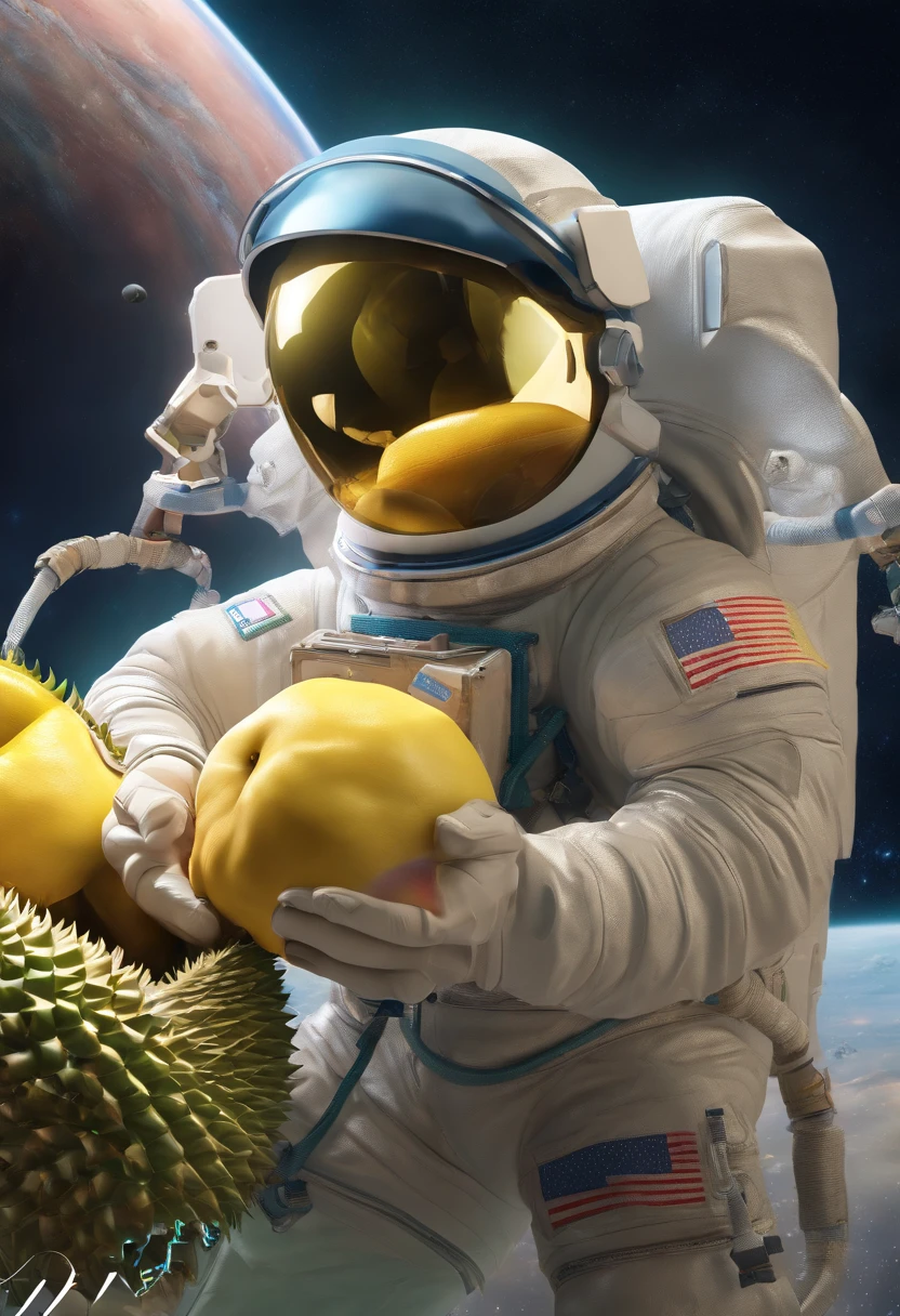 A malaysian astronaut carrying a durian fruit in space,