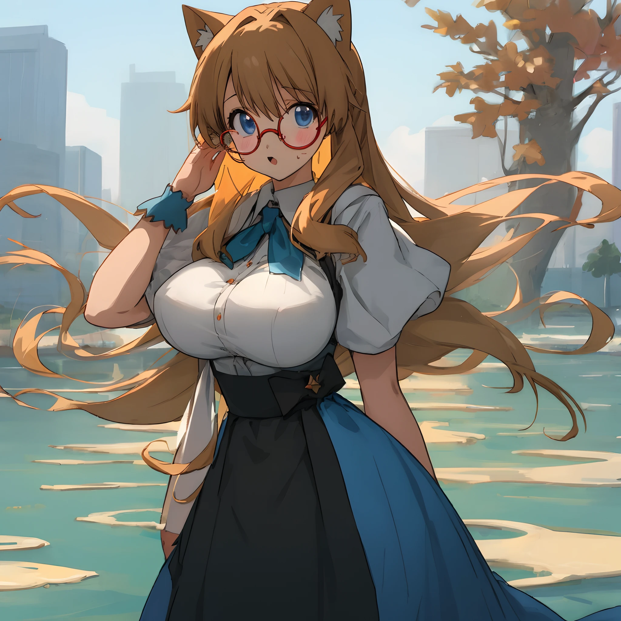 One female、blonde　Medium Hair、Huge 、Plump　Beautiful feet、Butt、watch、pearl　necklace、Navy blue blazer　Fluffy white blouse、leopard print bra、yellow　Leopard print tight skirt、garter belt　Fishnet tights、Blue T-back　Lace pattern、Are standing　slouch　The gesture of pushing the breasts together、Promenade　countryside　blue sky、Embarrassed face、Date glasses、loafers