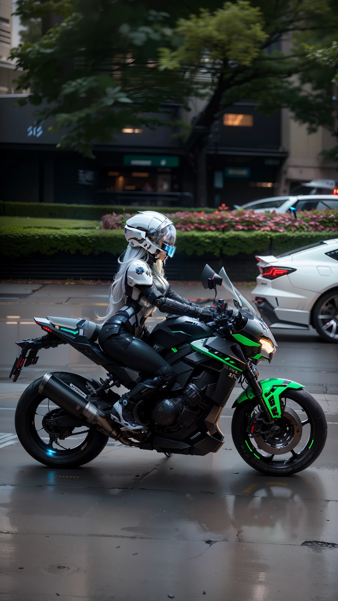 Cute cyberpunk female knight，Long flowing white hair，Black mech costume，Sophisticated white tech helmet，Nousr， Biomechanicals， MSHN Robot Woman，High-tech helmet，hyper realisitc， Steel， Complex design， insanely details， finely detailled， Extremely clear lines， cinmatic lighting， photograph realistic， A detailed masterpiece