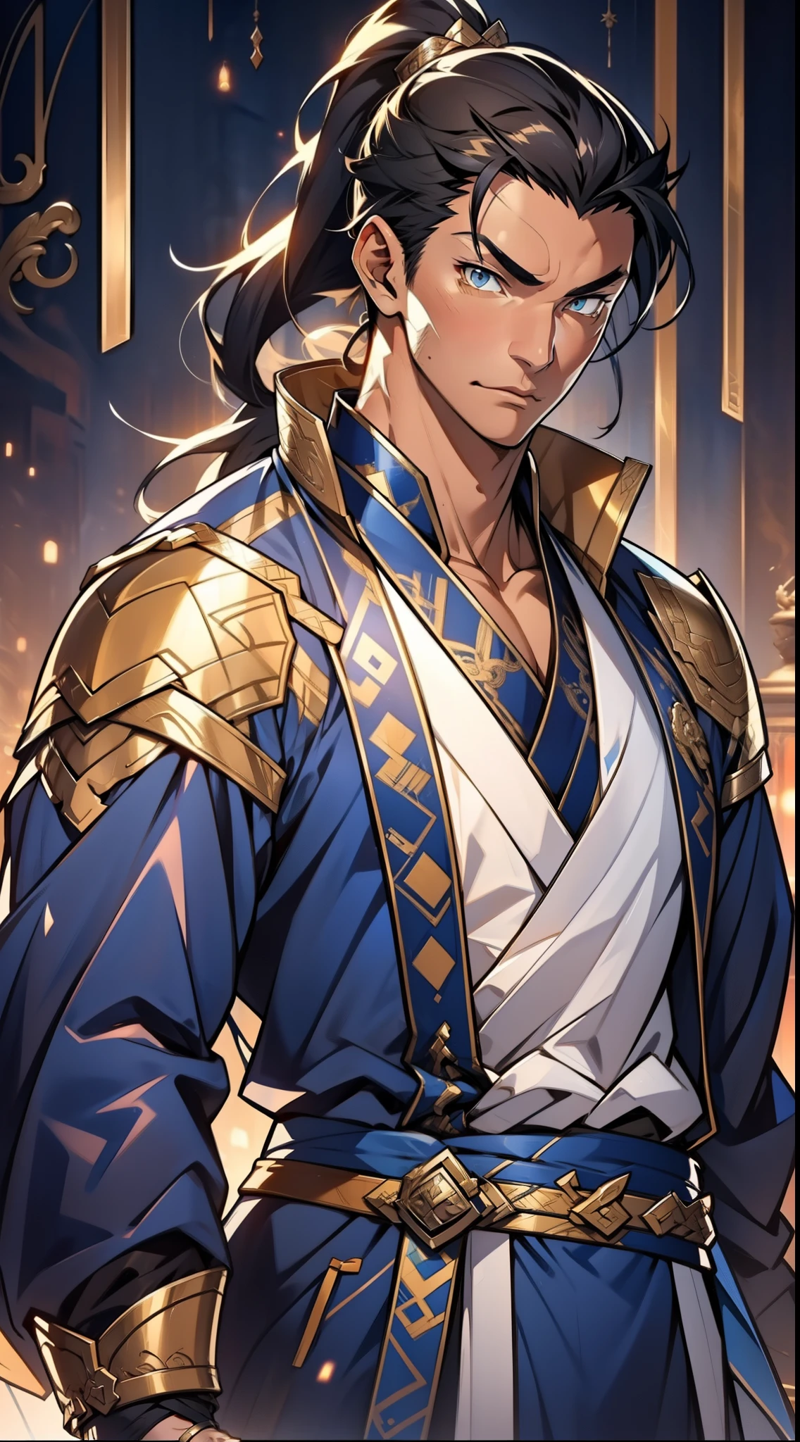 quadratic element,style of anime,mtu(Male Warrior),The proportions are correct,Face details,swordsmen,High ponytail hairstyle,Neck details,There is an Adam's apple,Blue suit,kaftan,long blue robes,clothes details,Handing over,longer sleeves,Game quality,Swordsmanship,Light and shadow tracking,Ray traching,detailed glow,cg render,hair detail,yellow long hair,blue colored eyes,Handsome,Handsome,(juvenile sense),Clothing is complicated,Perfectcomposition,Refinement,high qulity,higher details,Lots of details,The background is complex,a sense of atmosphere,