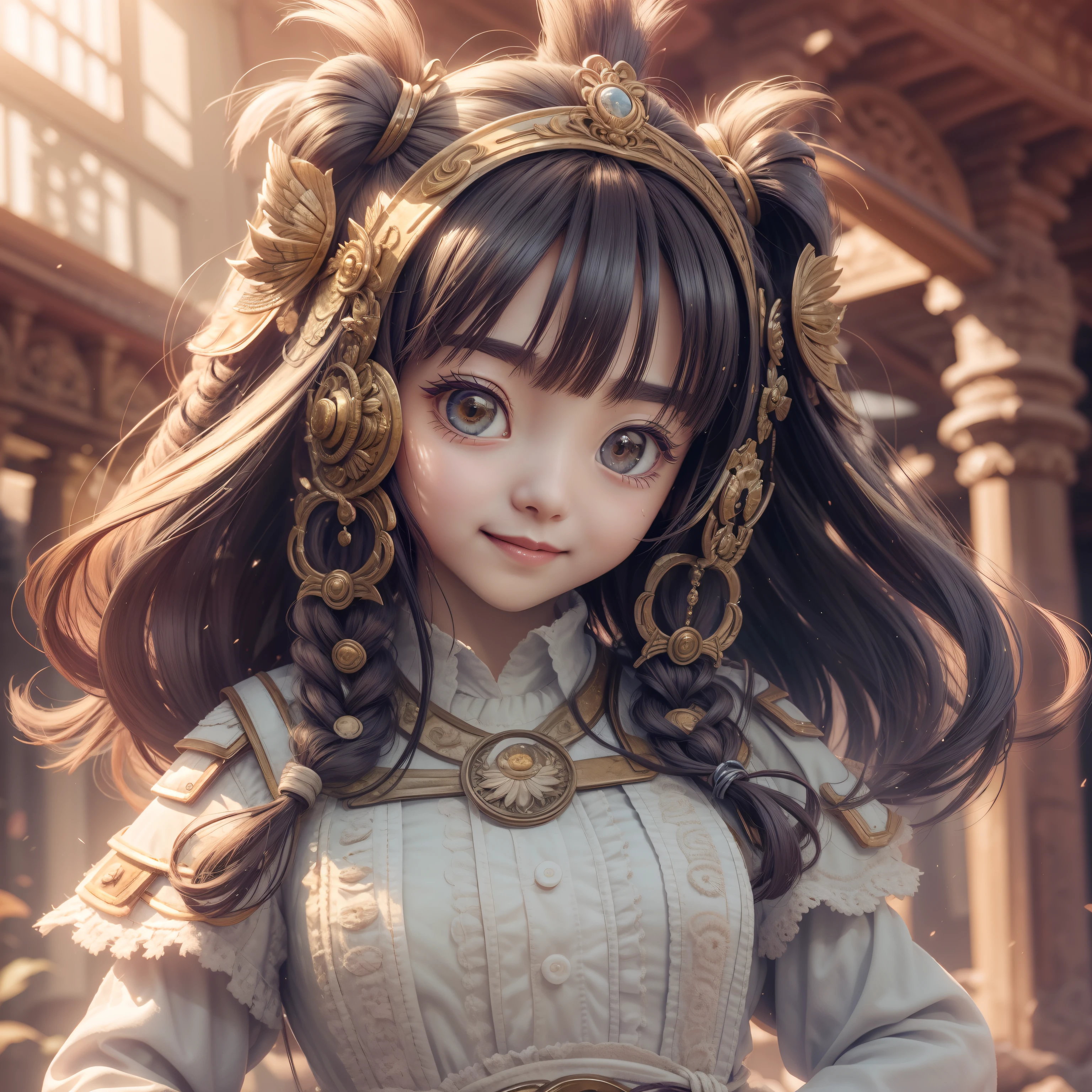 The ultimate cute scene with incredibly cute 1 girl with big eyes standing, beautiful hair, adorable face, adorable smile, closeup level all of shapes and clarity, beautiful sunlight