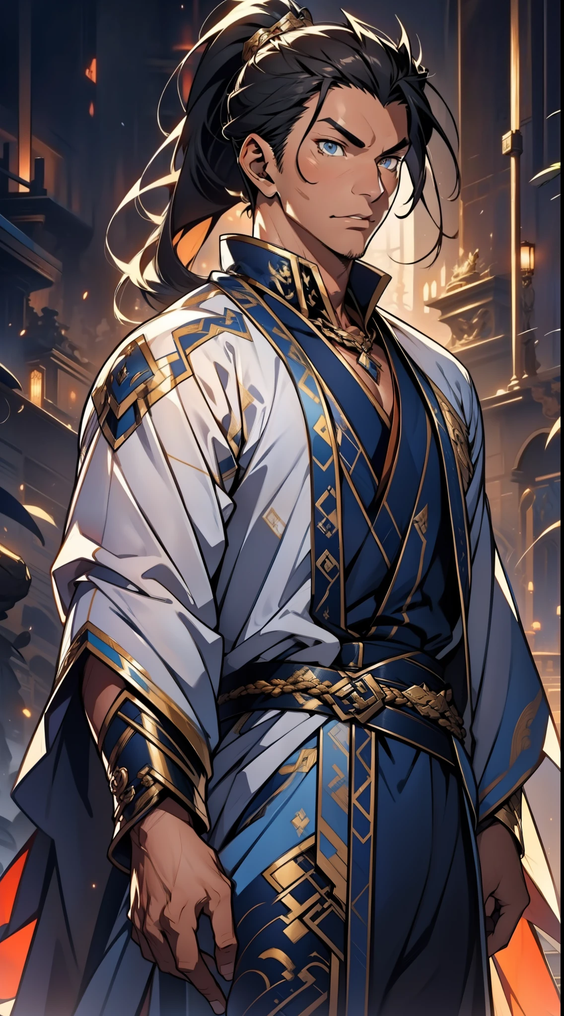 quadratic element,style of anime,mtu(Male Warrior),The proportions are correct,Face details,swordsmen,High ponytail hairstyle,Neck details,There is an Adam's apple,Blue suit,kaftan,long blue robes,clothes details,Handing over,longer sleeves,Game quality,Swordsmanship,Light and shadow tracking,Ray traching,detailed glow,cg render,hair detail,yellow long hair,blue colored eyes,Handsome,Handsome,(juvenile sense),Clothing is complicated,Perfectcomposition,Refinement,high qulity,higher details,Lots of details,The background is complex,a sense of atmosphere,