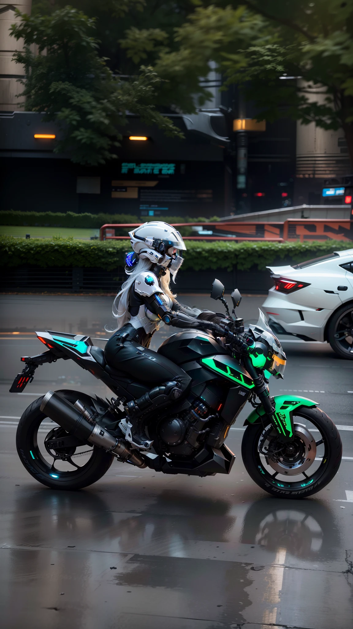 Cute cyberpunk female knight,Long flowing white hair,Black mech costume,Sophisticated white tech helmet,Nousr, Biomechanicals, MSHN Robot Woman,High-tech helmet,hyper realisitc, Steel, Complex design, insanely details, finely detailled, Extremely clear lines, cinmatic lighting, photograph realistic, A detailed masterpiece