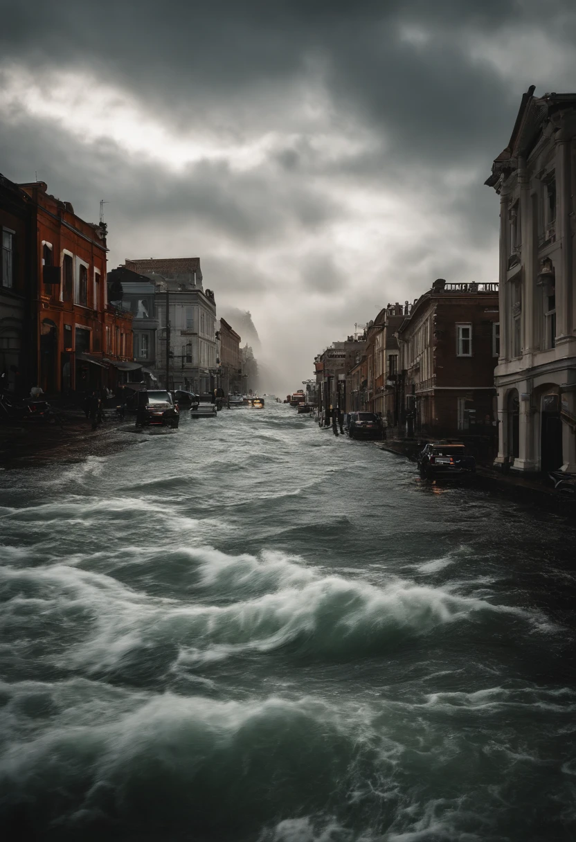 Water tornadoes，tidal waves，tornado，typhoon，swell sea，Armageddon，Greatwave，废墟，disrupt，，lakes，High water level，Bottomless，The run-down city creates a cinematic cityscape