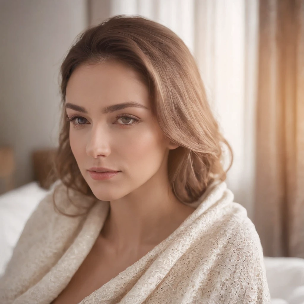 Woman wearing light blanket top, natural sunlight, close-up, light colors, bokeh style, super fine detail style, high quality photo, in bedroom