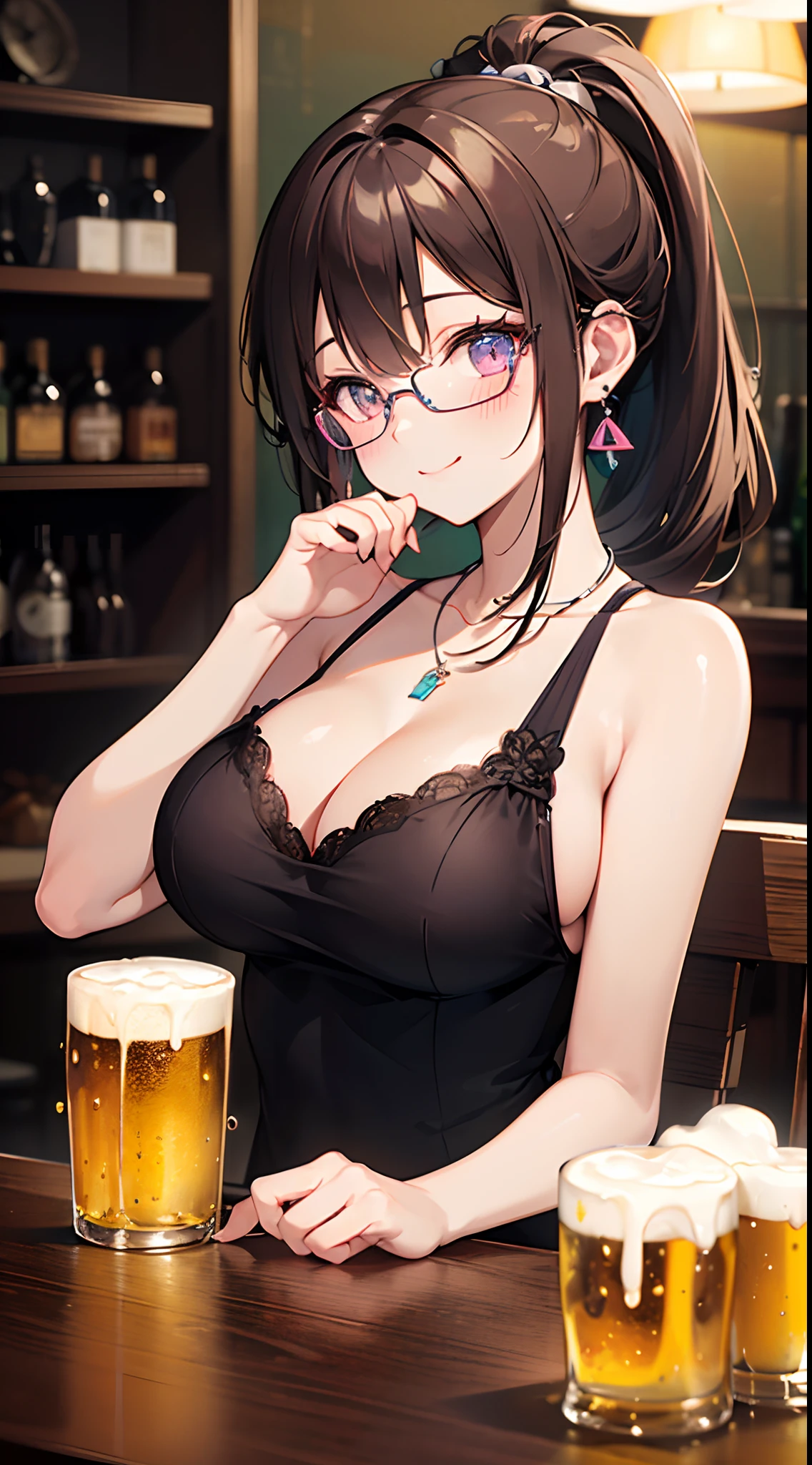 ((masterpiece)), ((best quality)), (ultra-detailed), ((kawaii)), cute, (lovely), ((sexy)), ((extremely detailed)), 4K, (8K), best quality, (beautiful), anime style, upper body, face in profile, focus on the face, bar, ((sitting on chair at bar)), a cute girl, 1girl, solo, suit, beautiful dark brown hair, beautiful purple eyes, glasses , ((beautiful eyes with highlights )), ((drinking)), white-skinned, ponytail, transparent hair, translucent hair, large breast, earrings, necklace, ((bring beer jockey)), beer, ((smile, blush, neon light, reflection effect