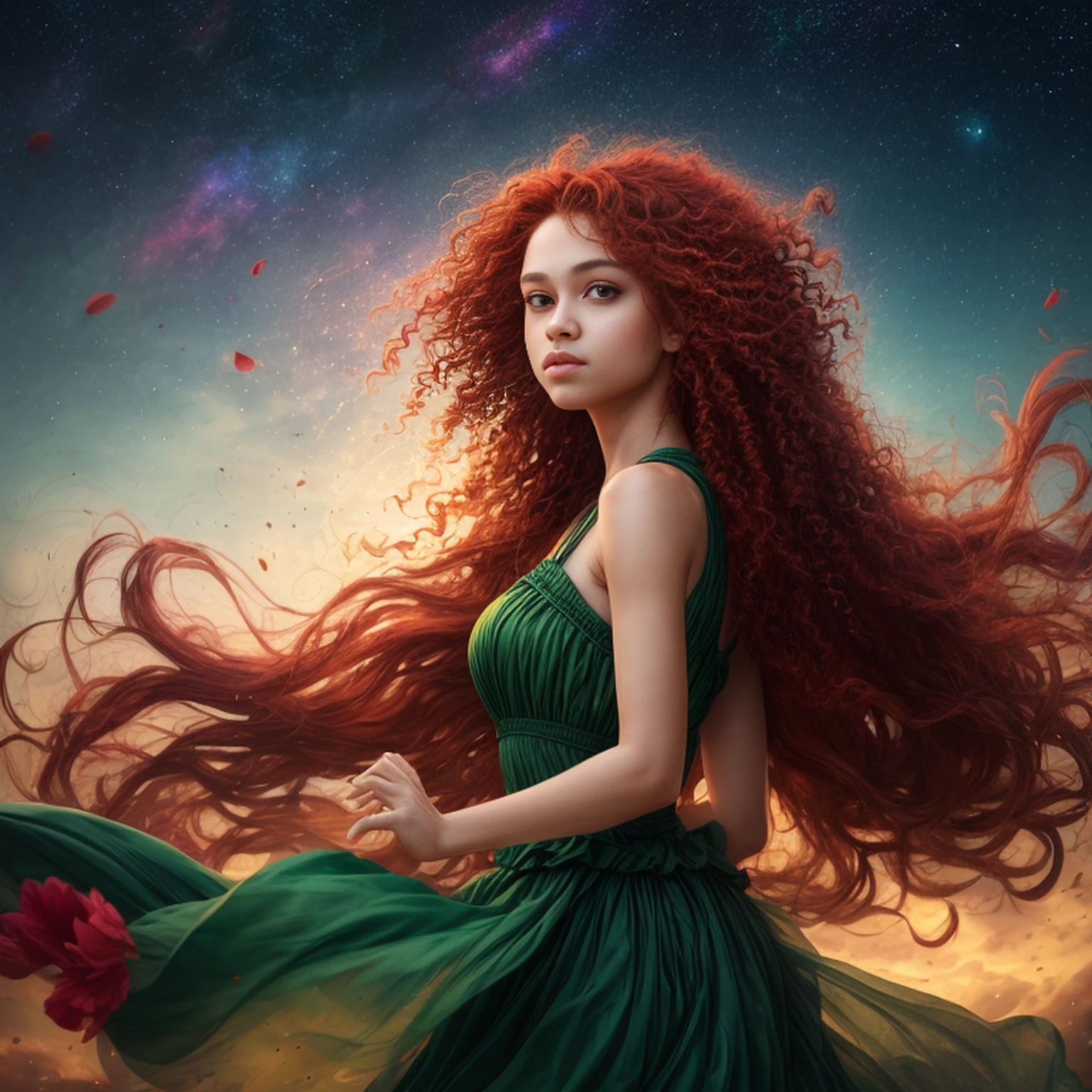 (best quality, masterpiece), young woman, pose, particle, wind, flower, upper body, simple background, looking at viewer, medium curly windblown red hair, green eyes, dark skin, galaxy, backlit, rimlight, beautiful artwork, perfect composition, raudha athif