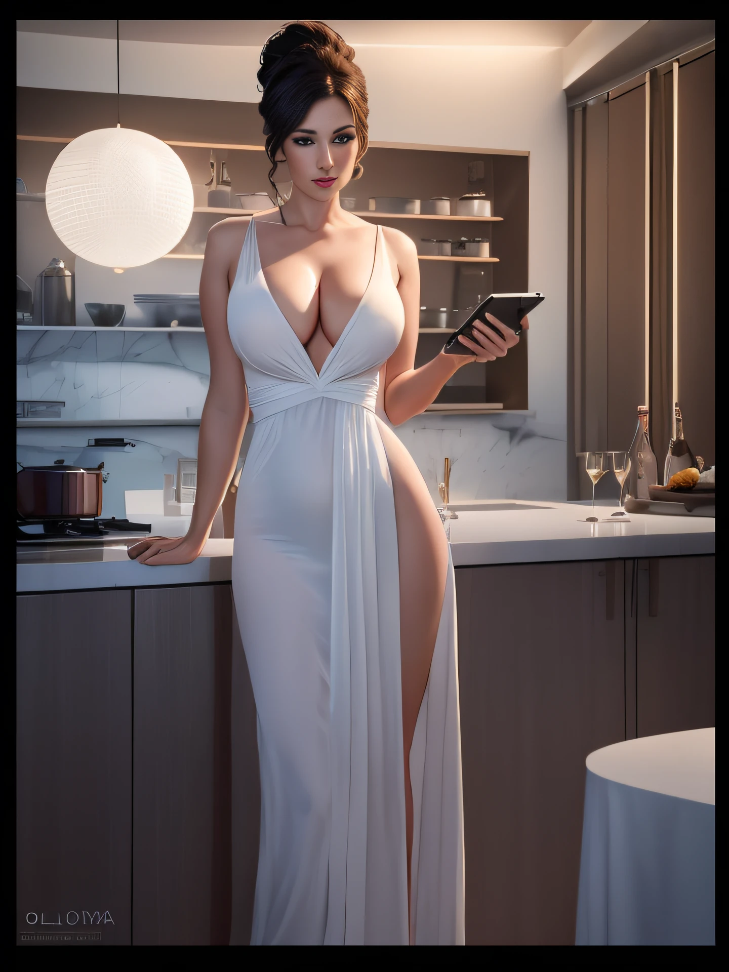 woman (Evelyn Lory) (large breasts) in a white dress standing in a kitchen, in the kitchen, sexy dress, photorealistic perfect body, sexy gown, dressed in an elegant revealing dress, dressed in white, in a kitchen, 8 k sensual lighting, sophisticated dress, dressed evening dress, inspired by Marek Okon, stunning elegant pose, elegant posed, holding phone