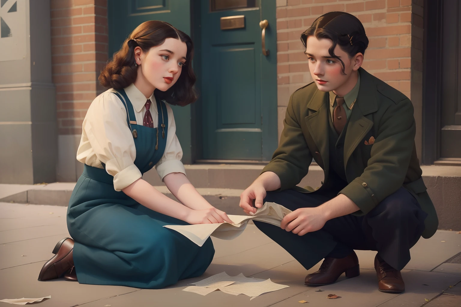 Year: 1946. Location: New York. pre-raphaelite scene with a young woman factory worker with black hair, kneeling in the street to pick some fallen papers, a man helping her ((1940s clothes)) ((1940s hairstyle)) ((in the style of "OMITB")) ((cinematic style))