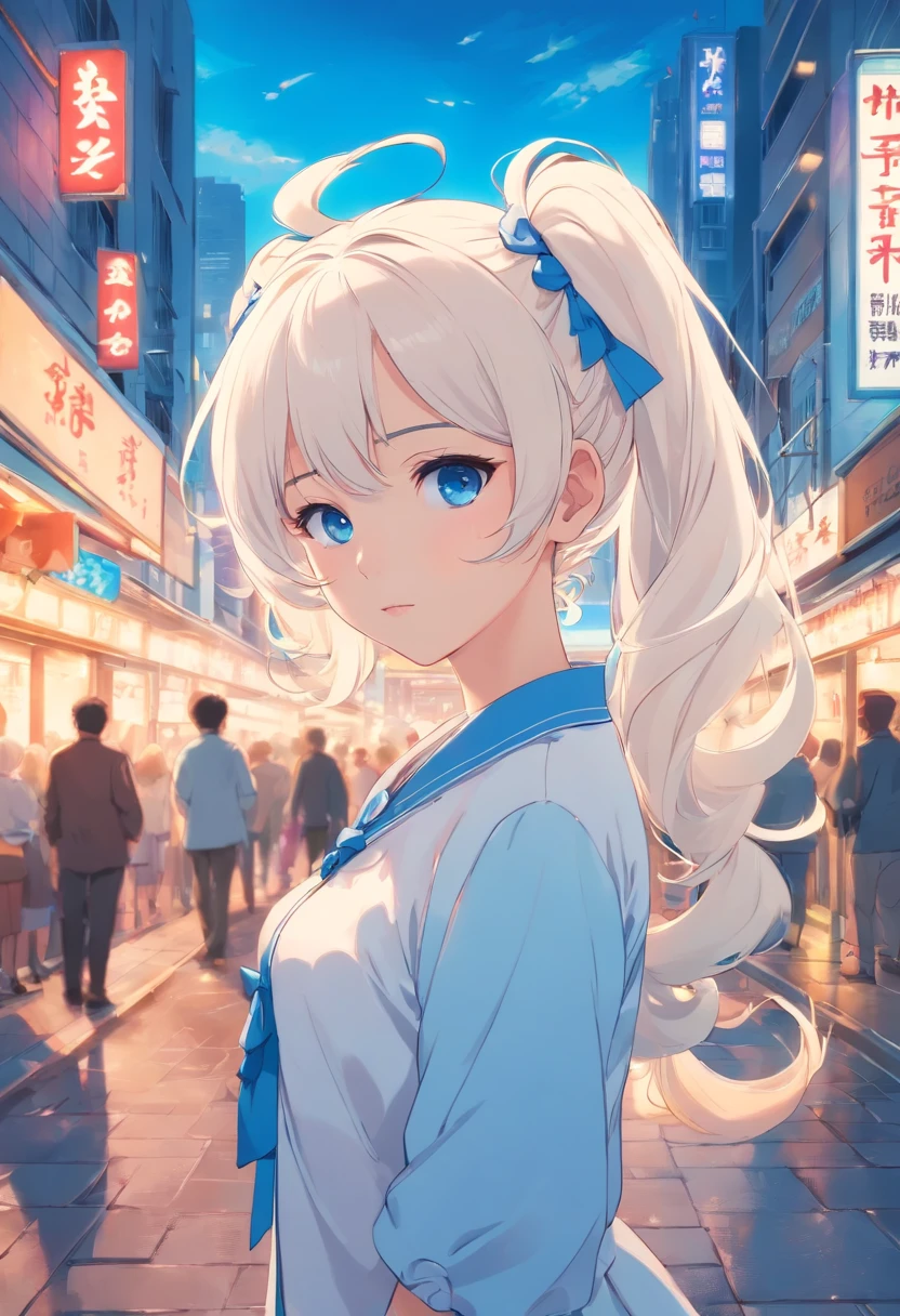 White color hair,Double ponytail curls,blue color eyes,White Lolita,Beth,A bustling city street
