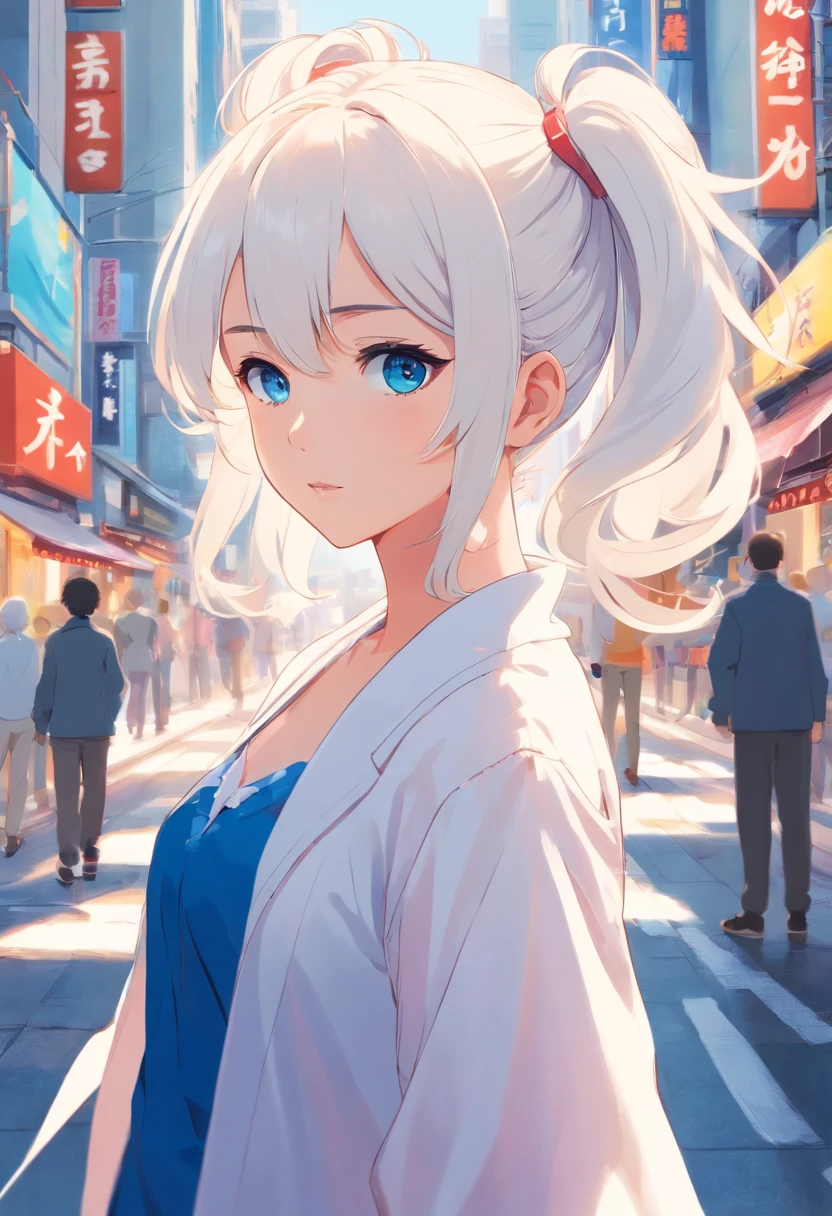 White color hair，Double ponytail curls，blue color eyes，White ta，Beth，A bustling city street