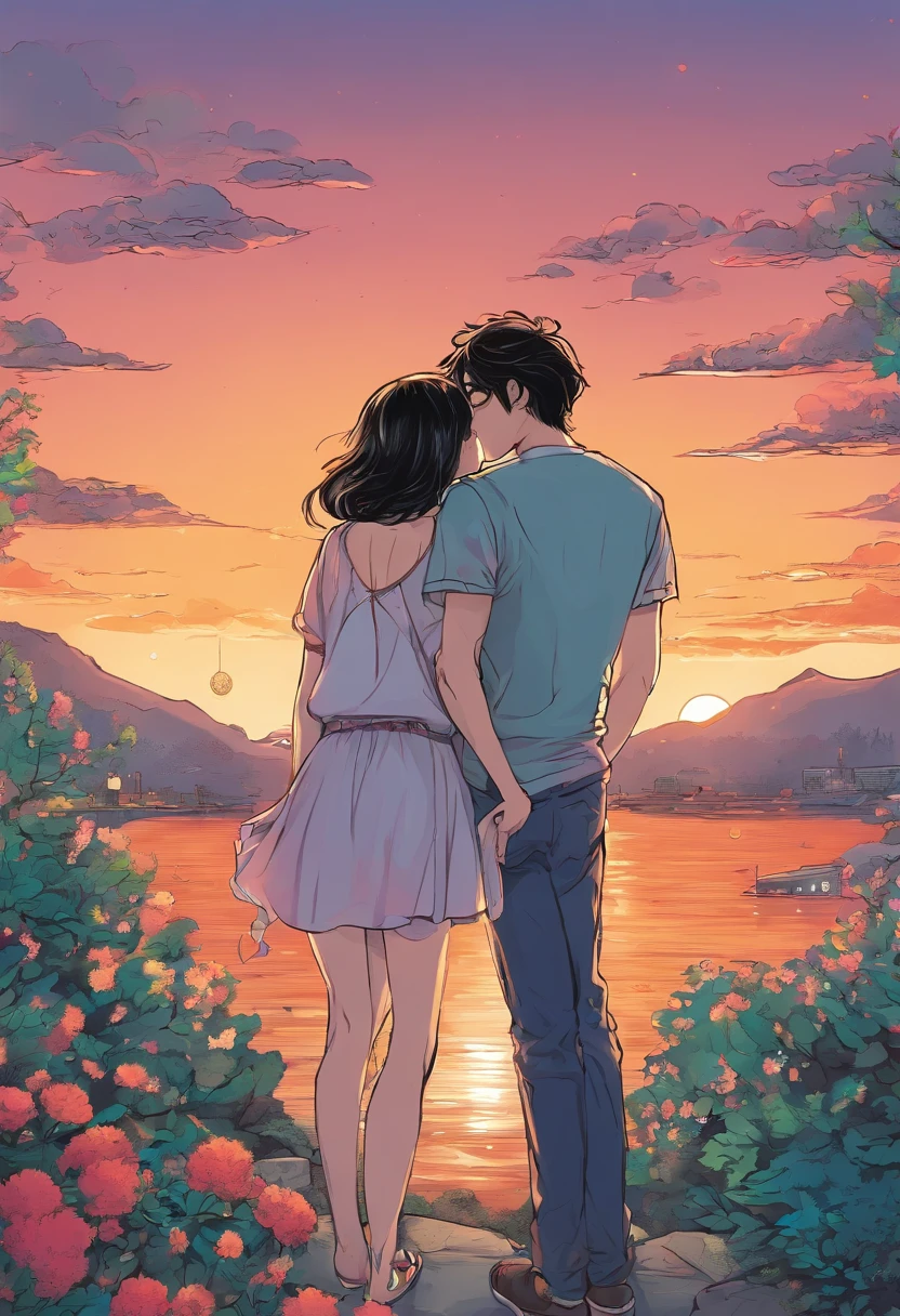 Korean manga male and female protagonists kiss dim room sunset hug