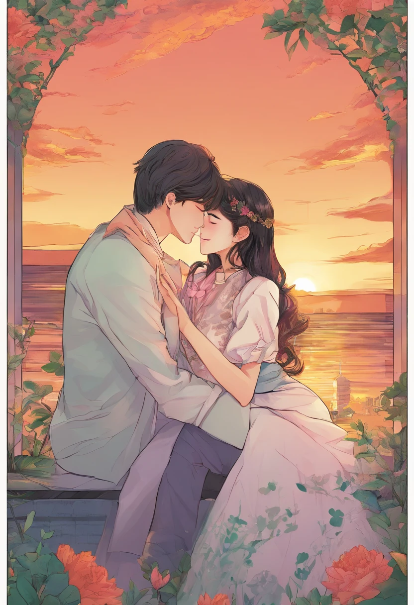 Korean manga male and female protagonists kiss dim room sunset hug