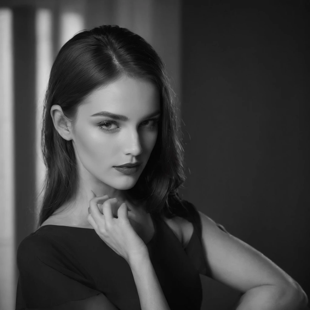 A striking black and white composition featuring a poised model in a studio setting. The model stands with confident poise, backlit by a soft glow that delineates their silhouette. The interplay of light and shadows creates an alluring atmosphere, casting dramatic contrasts that emphasize the model's contours. The background is a subtle blend of deep dark tones and faint outlines, enhancing the enigmatic ambiance,upper body