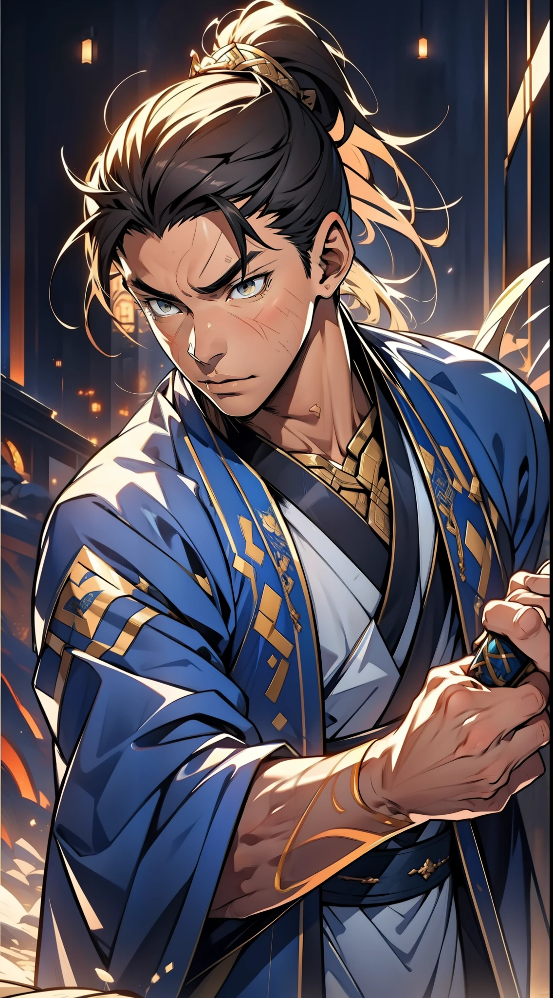 quadratic element,style of anime,mtu(Male Warrior),The proportions are correct,Face details,swordsmen,High ponytail hairstyle,Neck details,There is an Adam's apple,Blue suit,kaftan,long blue robes,clothes details,Handing over,longer sleeves,Game quality,Swordsmanship,Light and shadow tracking,Ray traching,detailed glow,cg render,hair detail,yellow long hair,blue colored eyes,Handsome,Handsome,(juvenile sense),Clothing is complicated,Perfectcomposition,Refinement,high qulity,higher details,Lots of details,The background is complex,a sense of atmosphere,