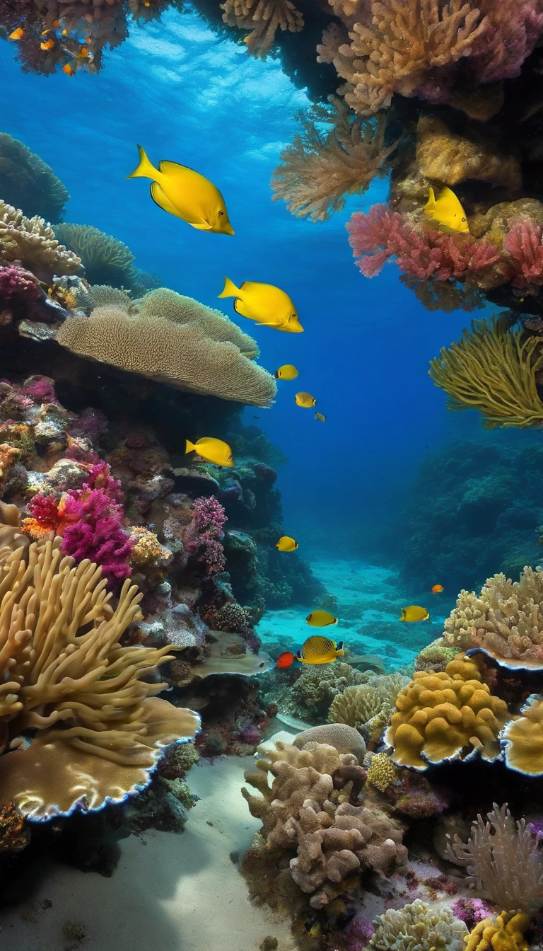 (colorful reef,underwater,coral,crystal-clear water,tropical fishes,rays of sunlight,detailed marine life,vibrant colors,tranquil atmosphere,serene,swaying seaweed,exotic species,dazzling array of colors) ,(best quality,highres:1.2), (underwater photography), (vibrant), (soft and diffused lighting)