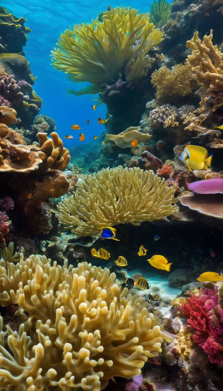 (colorful reef,underwater,coral,crystal-clear water,tropical fishes,rays of sunlight,detailed marine life,vibrant colors,tranquil atmosphere,serene,swaying seaweed,exotic species,dazzling array of colors) ,(best quality,highres:1.2), (underwater photography), (vibrant), (soft and diffused lighting)