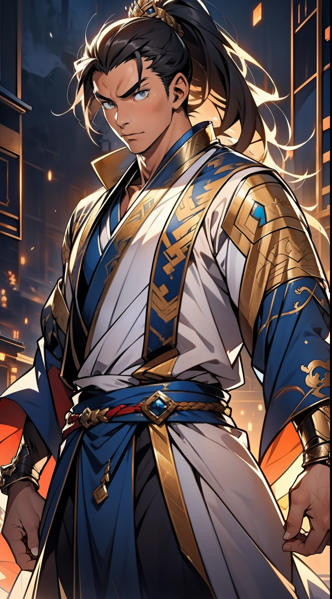 quadratic element,style of anime,mtu(Male Warrior),The proportions are correct,Face details,swordsmen,High ponytail hairstyle,Neck details,There is an Adam's apple,Blue suit,kaftan,long blue robes,clothes details,Handing over,longer sleeves,Game quality,Swordsmanship,Light and shadow tracking,Ray traching,detailed glow,cg render,hair detail,yellow long hair,blue colored eyes,Handsome,Handsome,(juvenile sense),Clothing is complicated,Perfectcomposition,Refinement,high qulity,higher details,Lots of details,The background is complex,a sense of atmosphere,
