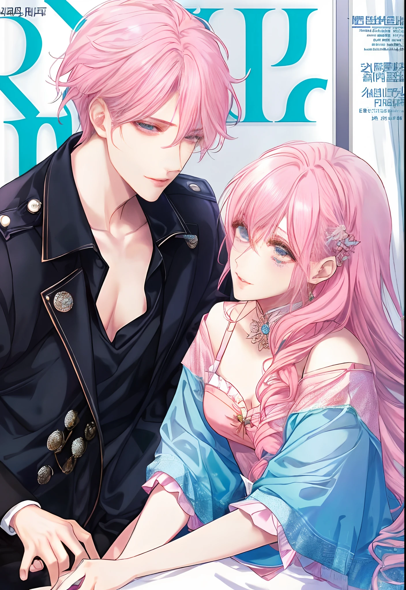 ((Male and female couples)), window, Idol Photos, Magazine covers, Photos of actors, Professional Photos, Height difference, tall male, Happiness, youthfulness, extra detailed face, detailed punk hair, very detailed character, inspired by Sim Sa-jeong, Cai Xukun's, detailed realistic faces, highly detailed realistic face, high detailed face anime, realistic detailed face, Accurate detailed face, attractive androgynous humanoid, Cool Korean fashion in black, ((With a man with light blue hair)), ((Woman with pink hair)), ((Woman with long hair below waist)), ((Man with short hair over ears)), ((Pink hair woman with gentle expression)), ((Man with light blue hair with wild expression)), high-level image quality, ​masterpiece, Photographed so that the whole body can be seen, Photographed to make clothes look beautiful, Take your eyes off, ((two individuals)), ((British couple))