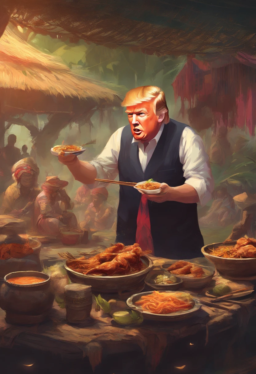 Donald trump wearing traditional malay attire eating chicken satay in malay village,