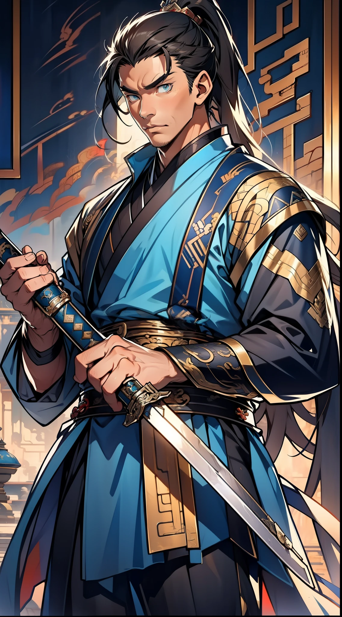 Masterpiece, Excellent, Daytime, 1 Man, Chinese Style, Ancient China, Chinese Court, Eagle, Turquoise Brown Hair, Gray-Blue Eyes, Split Hair, Long Hair, Long Bangs, High Ponytail, Handsome, Handsome, Serious, Gentle, Tall, Quiet, Dark Clothes, Gray-Blue Clothes, Dark Blue Clothes, Prince, Sword, Looking Down