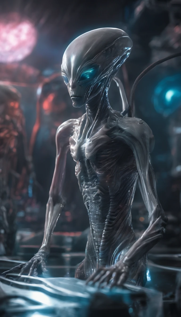masterpiece, a creepy scary alien creature with alien skin and clothing, with a damp and steamy highly detailed spaceship corridor in the background, sci-fi, flickering halogen lamps, muted dark colors, high dynamic range, aggressive pose, sultry, full body, perfect face, detailed face, perfect body, alien tattoos, scars, smudge, oil greased skin, complex details, highly detailed body, highly detailed skin, highly detailed face, reflective textures, wet skin, dripping water, The Alien film franchise, photorealistic, masterpiece, hyperrealism, analog style, 8K UHD, RAW, octan render, concept art, professionally color graded, muted LUT, HR Giger, Hans Ruedi Giger, by Aaron Horkey and Jeremy Mann
